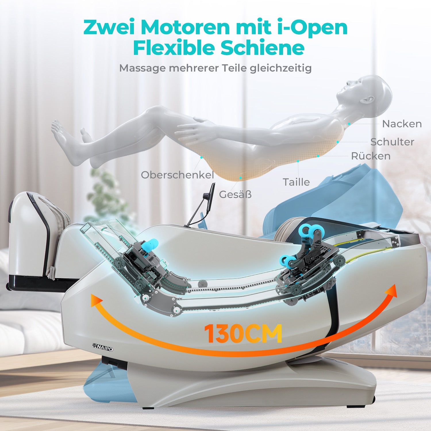 Massage Sessel mit 130cm Schiene, zwei Motoren, für Nacken, Schulter, Rücken.