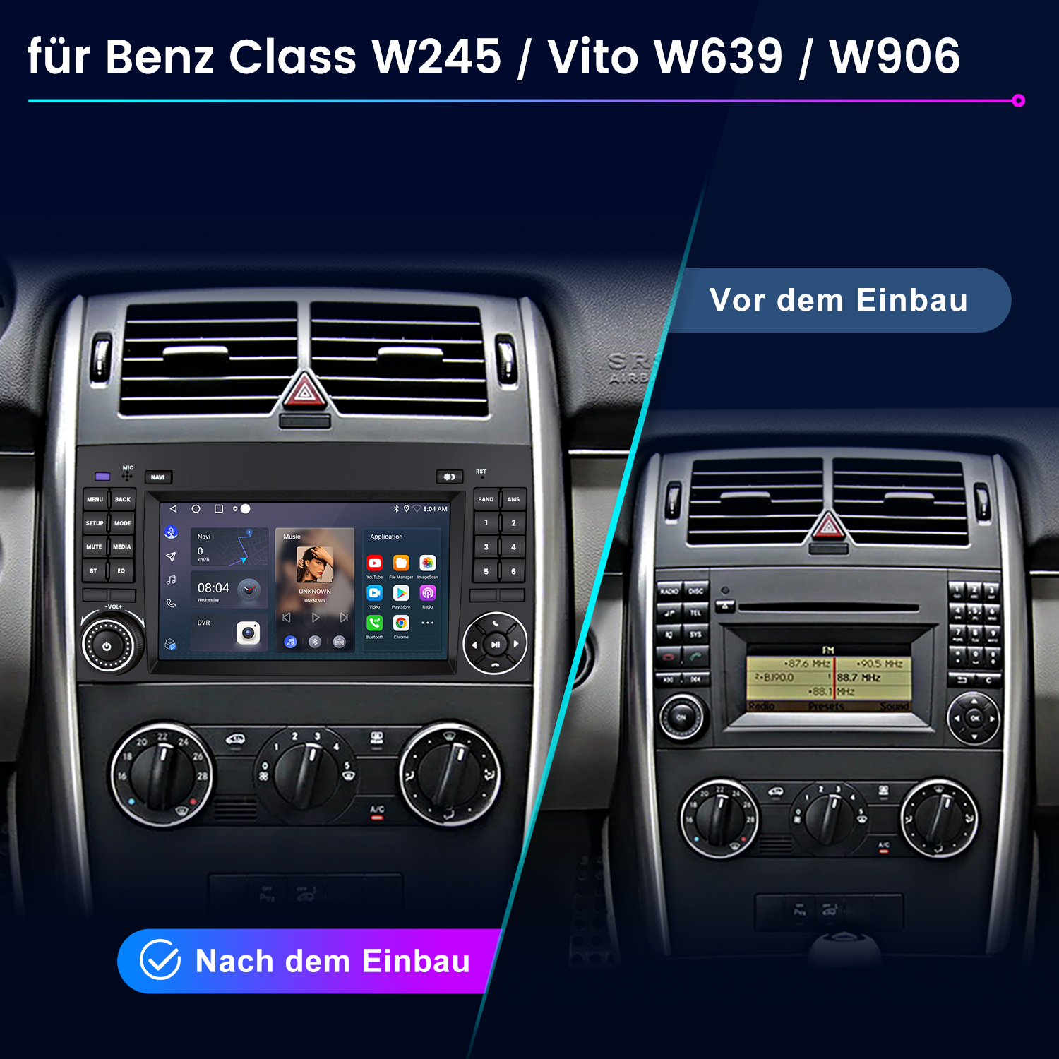 Vergleich zweier Autoradios für Mercedes Benz. Links mit Touchscreen, rechts das Original.