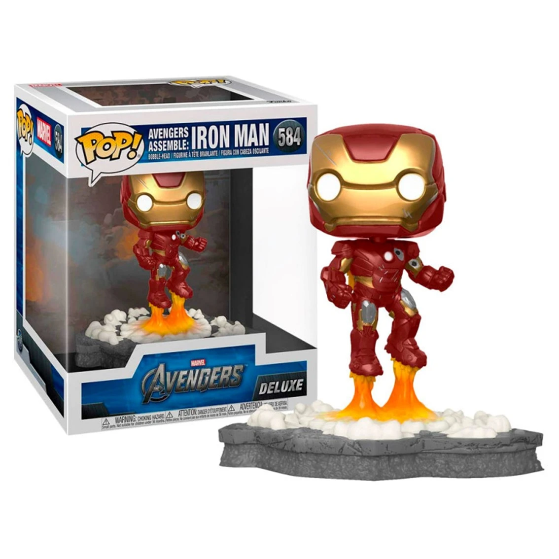 Action figure Funko Pop! Deluxe di Iron Man con effetto jet e scatola.