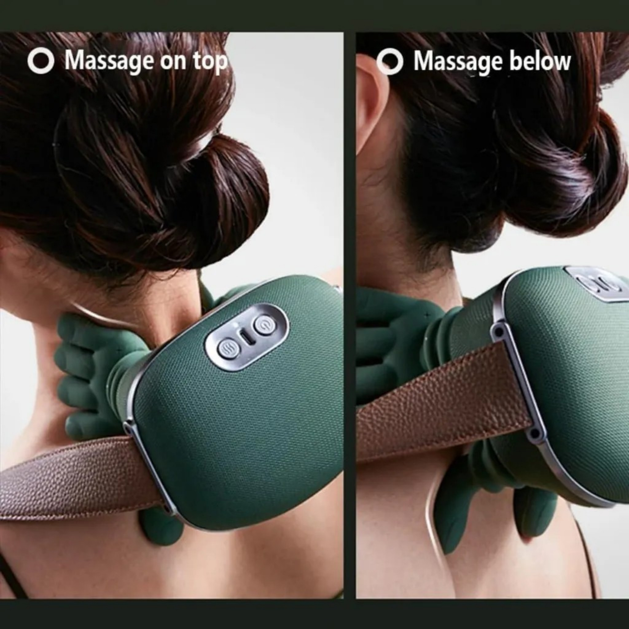Nackenmassagegerät in Grün wird auf beiden Seiten des Halses gezeigt.