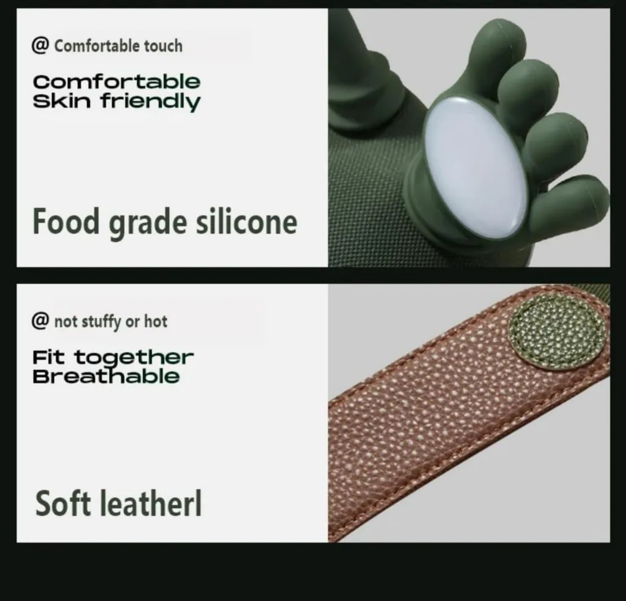 Lebensmittelechte Silikonhand und Lederband mit Knopf.