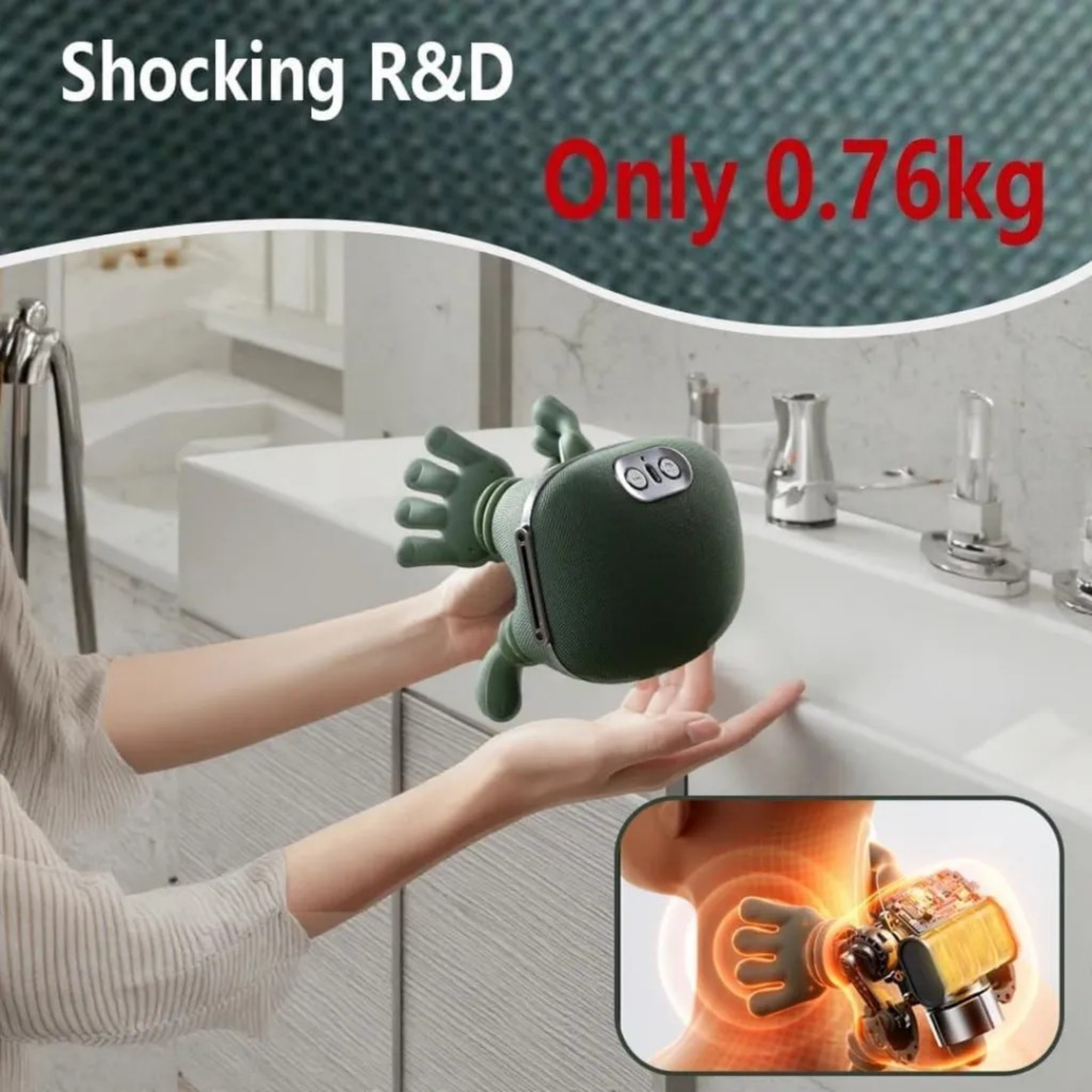 Grüner Massagegerät mit Händen auf einem Waschbecken, 0,76 kg schwer.