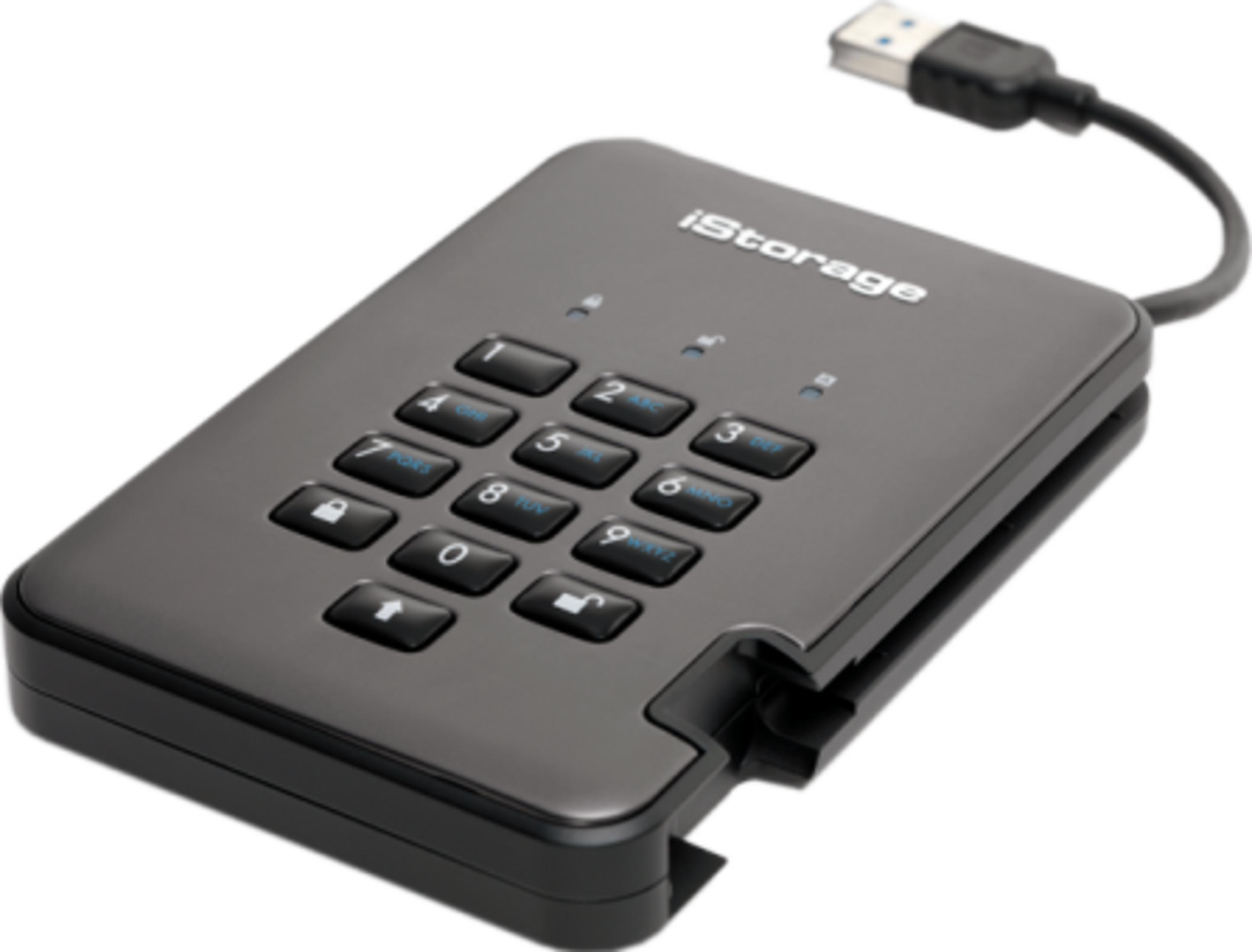Un dispositivo portátil iStorage con teclado y conexión USB.
