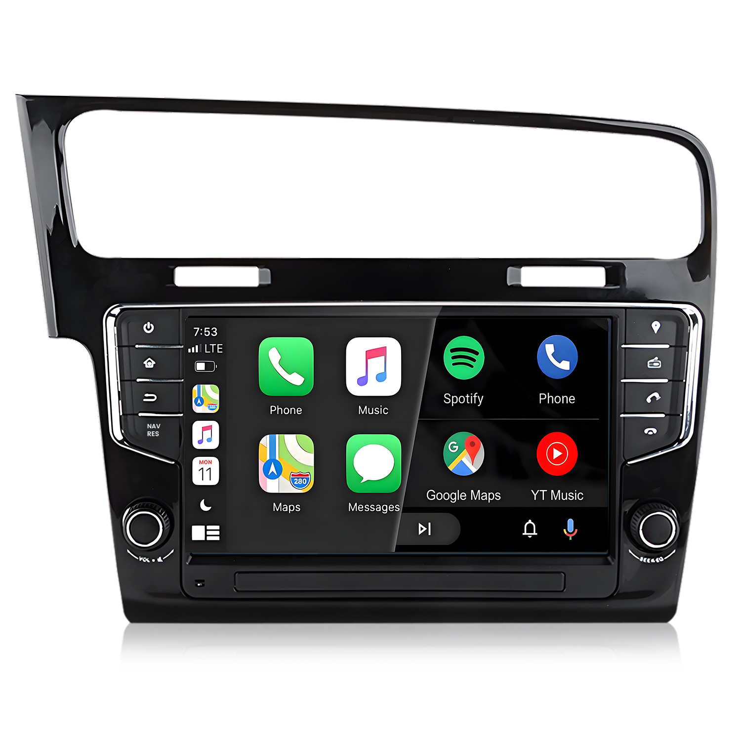 Ein Autoradio-Bildschirm zeigt Apps wie Telefon, Musik, Spotify und Google Maps.
