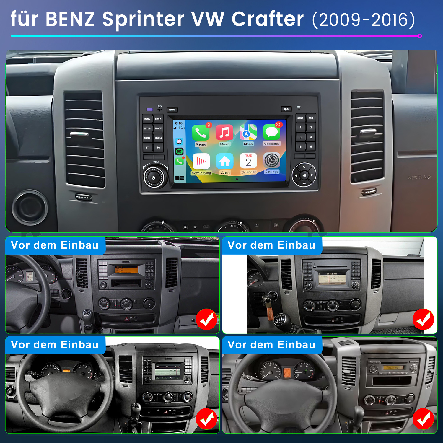 Infotainment-System für Benz Sprinter VW Crafter mit Touchscreen und Tasten.