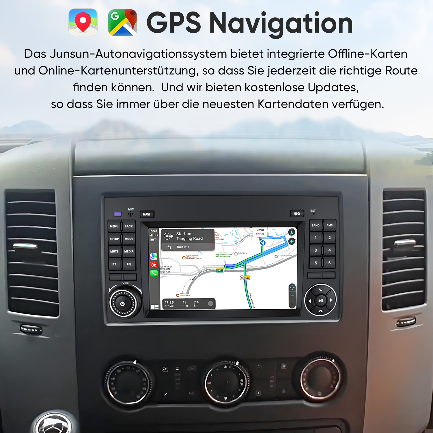GPS-Navigationssystem zeigt eine Karte mit Routenführung und Fahrzeugdisplay mit Knöpfen.
