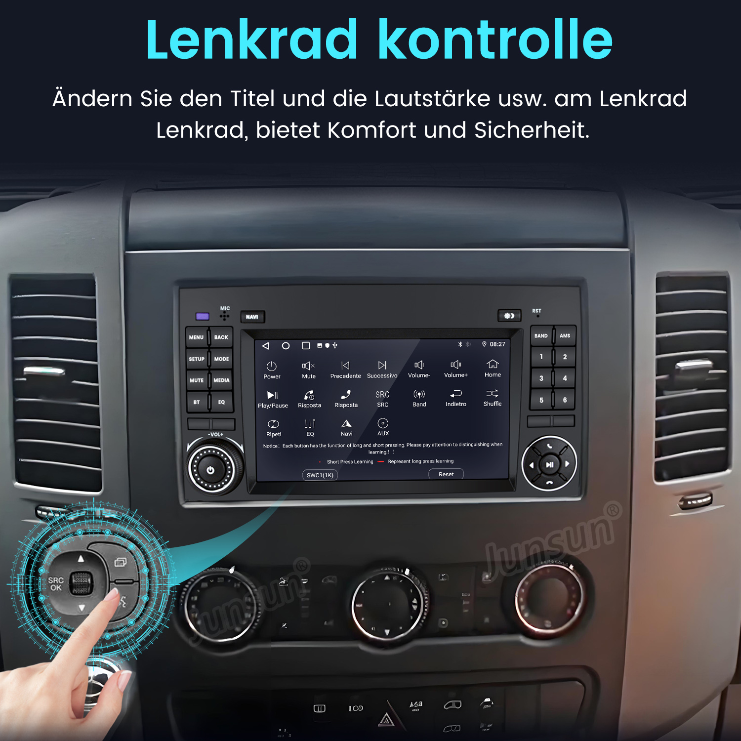 Ein Finger tippt auf das Lenkrad-Steuerungsmenü eines Autos. Das Infotainmentsystem ist sichtbar.
