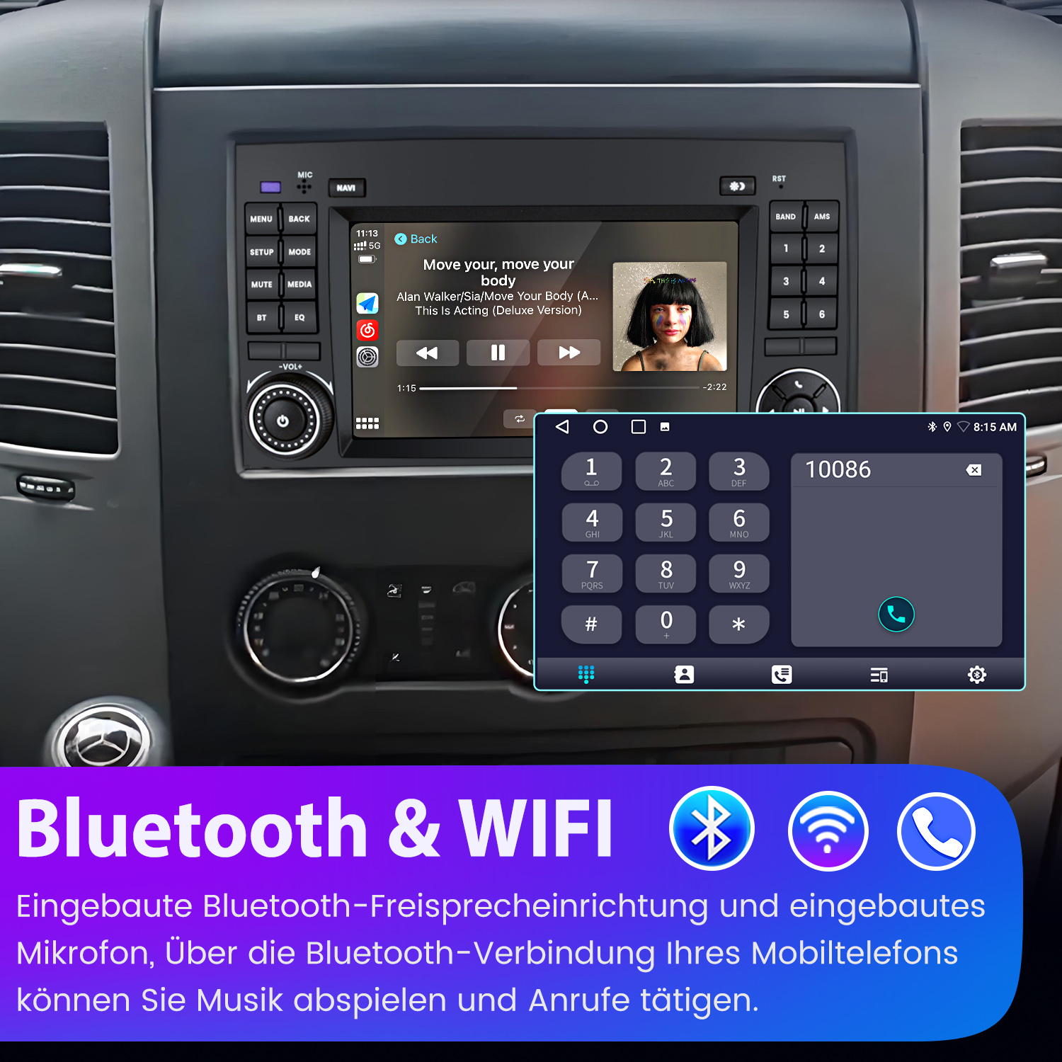 Das Bild zeigt ein Auto-Infotainmentsystem mit Musikwiedergabe und einem Ziffernblock.