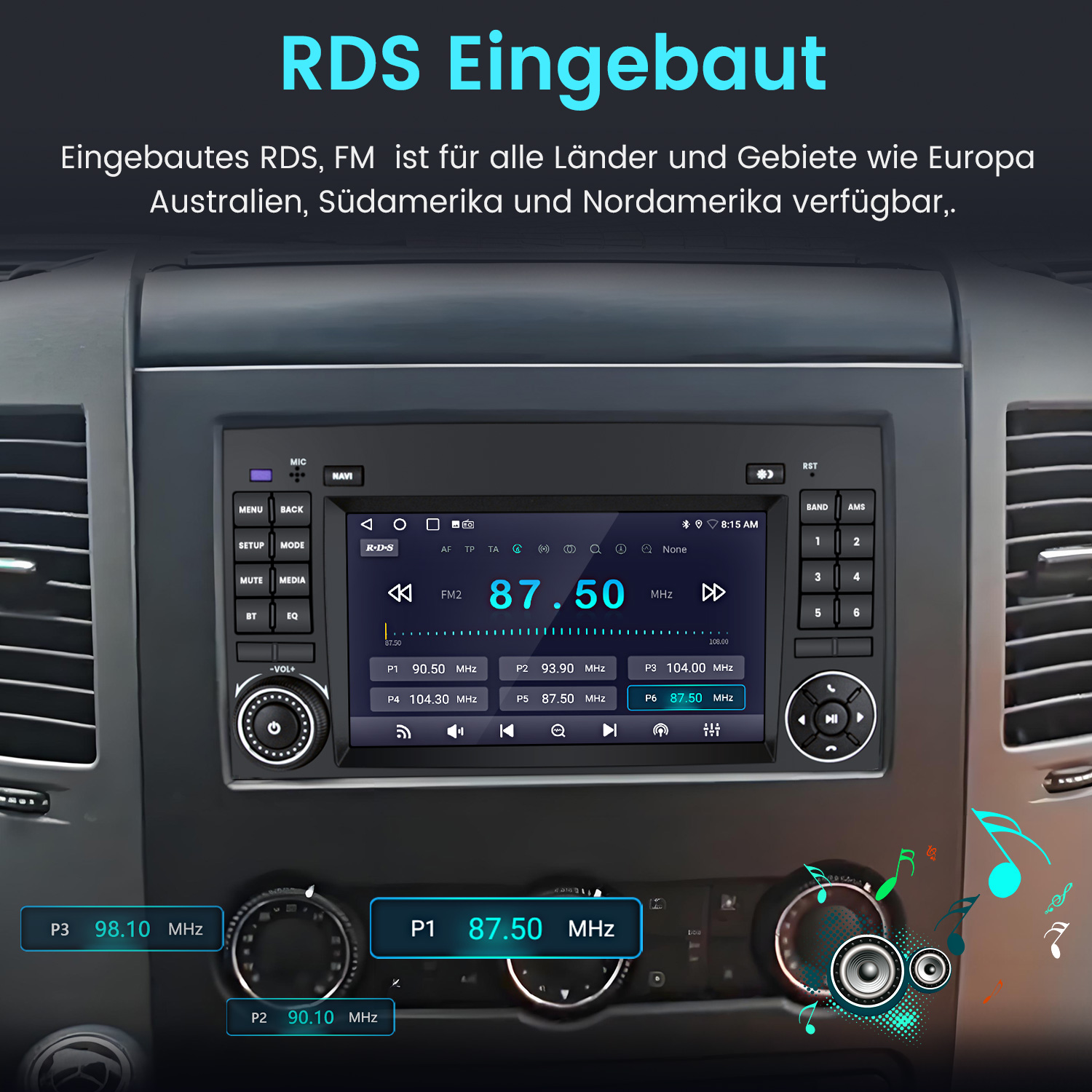 Einbau-Autoradio mit RDS-Anzeige, zeigt Frequenzen wie 87.50 MHz an.