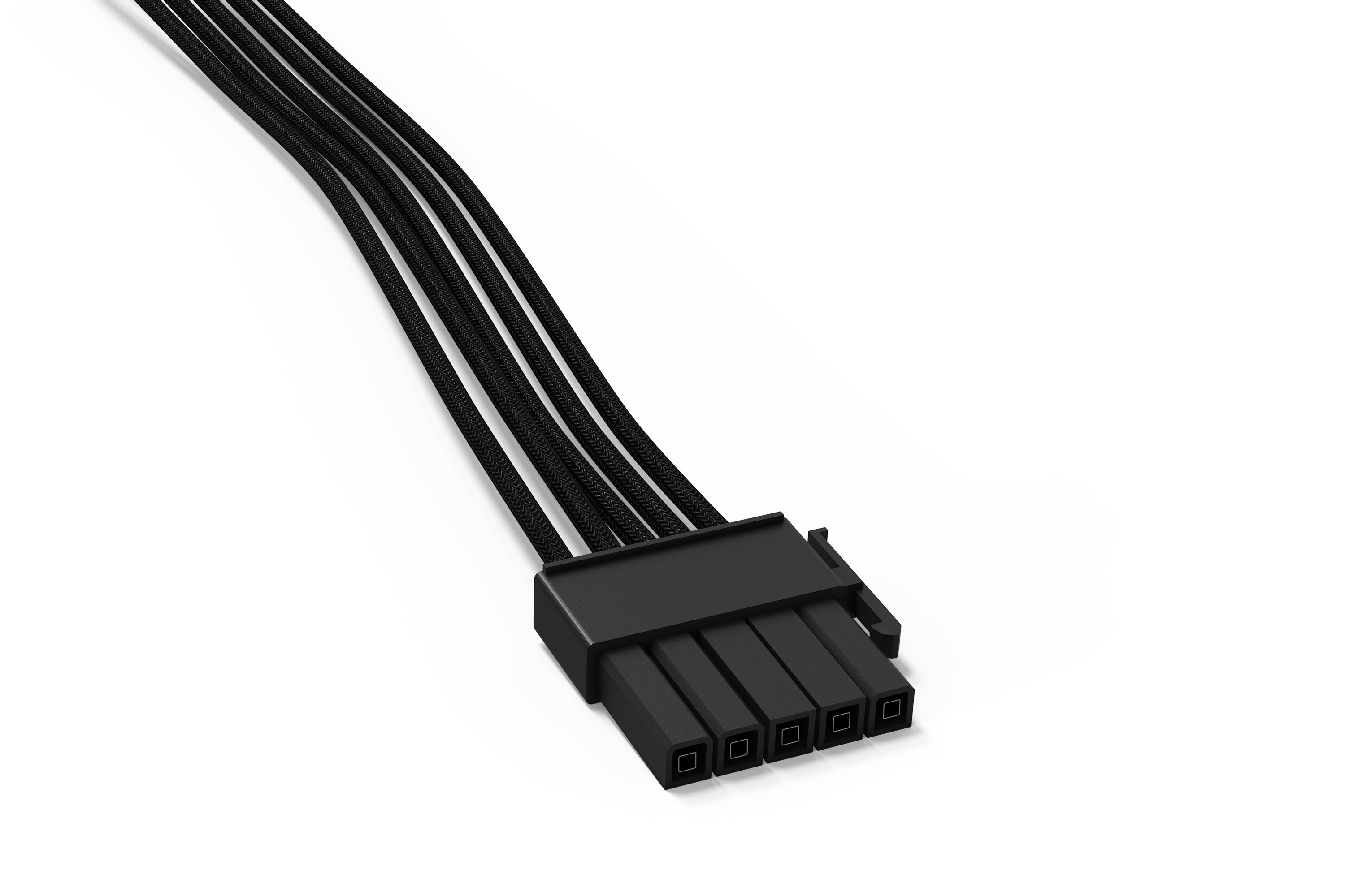 Adattatore cavo alimentazione PCIe nero con cinque pin su sfondo bianco.