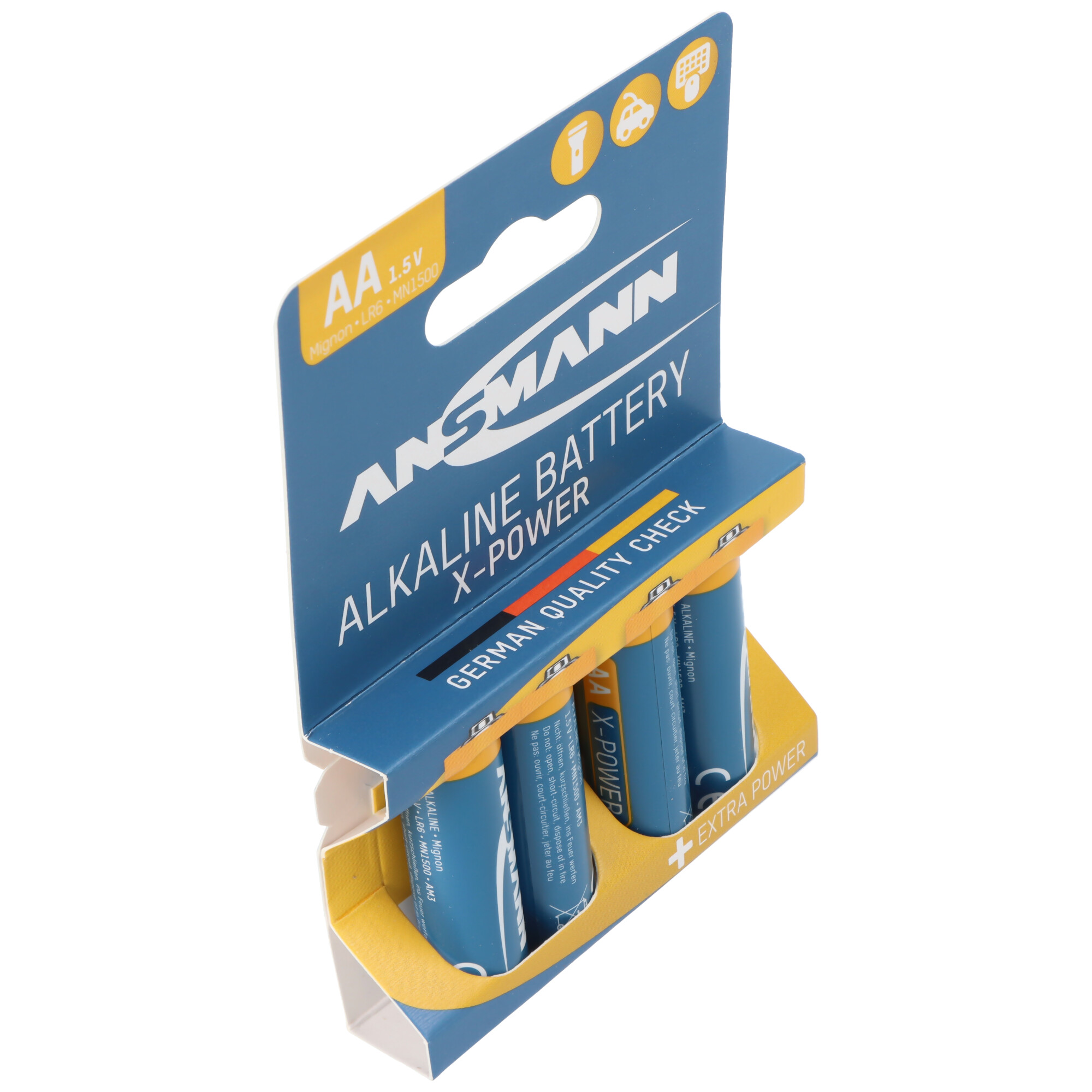 Verpackung mit vier AA-Batterien von Ansmann, blau und gelb.