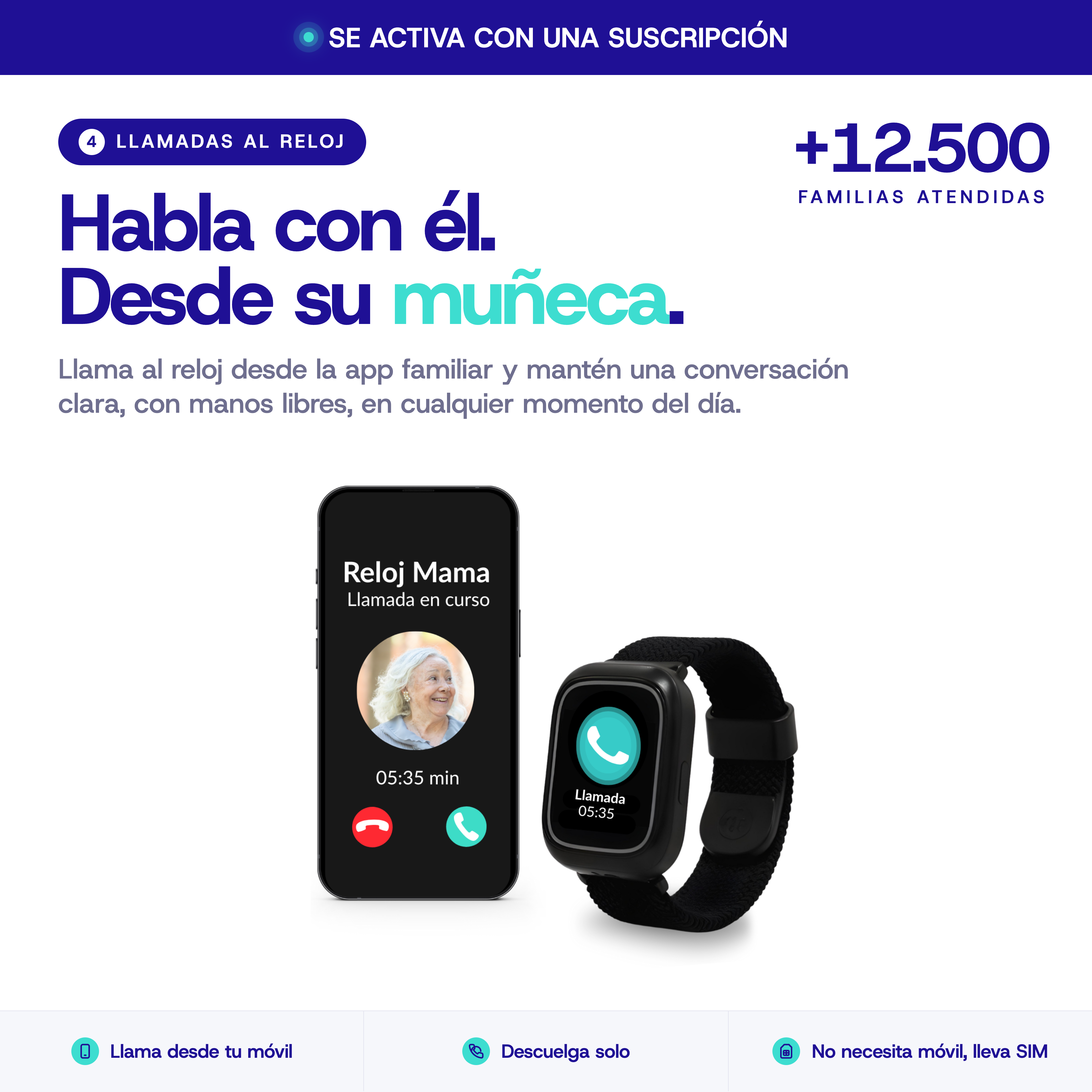 Un smartphone muestra una llamada en un smartwatch con la foto de una anciana.