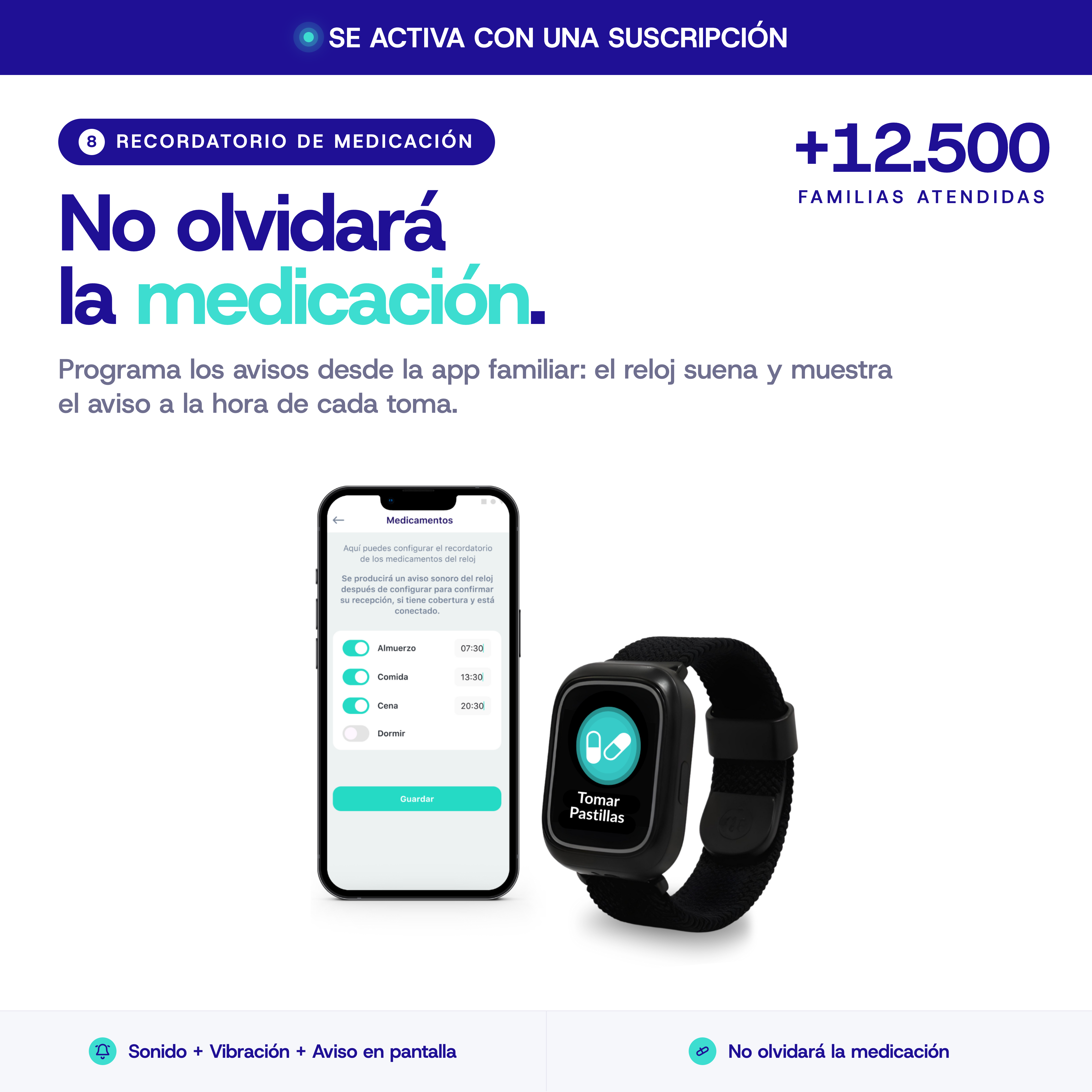 Un smartphone muestra una app de medicación, al lado un smartwatch con icono de pastilla.