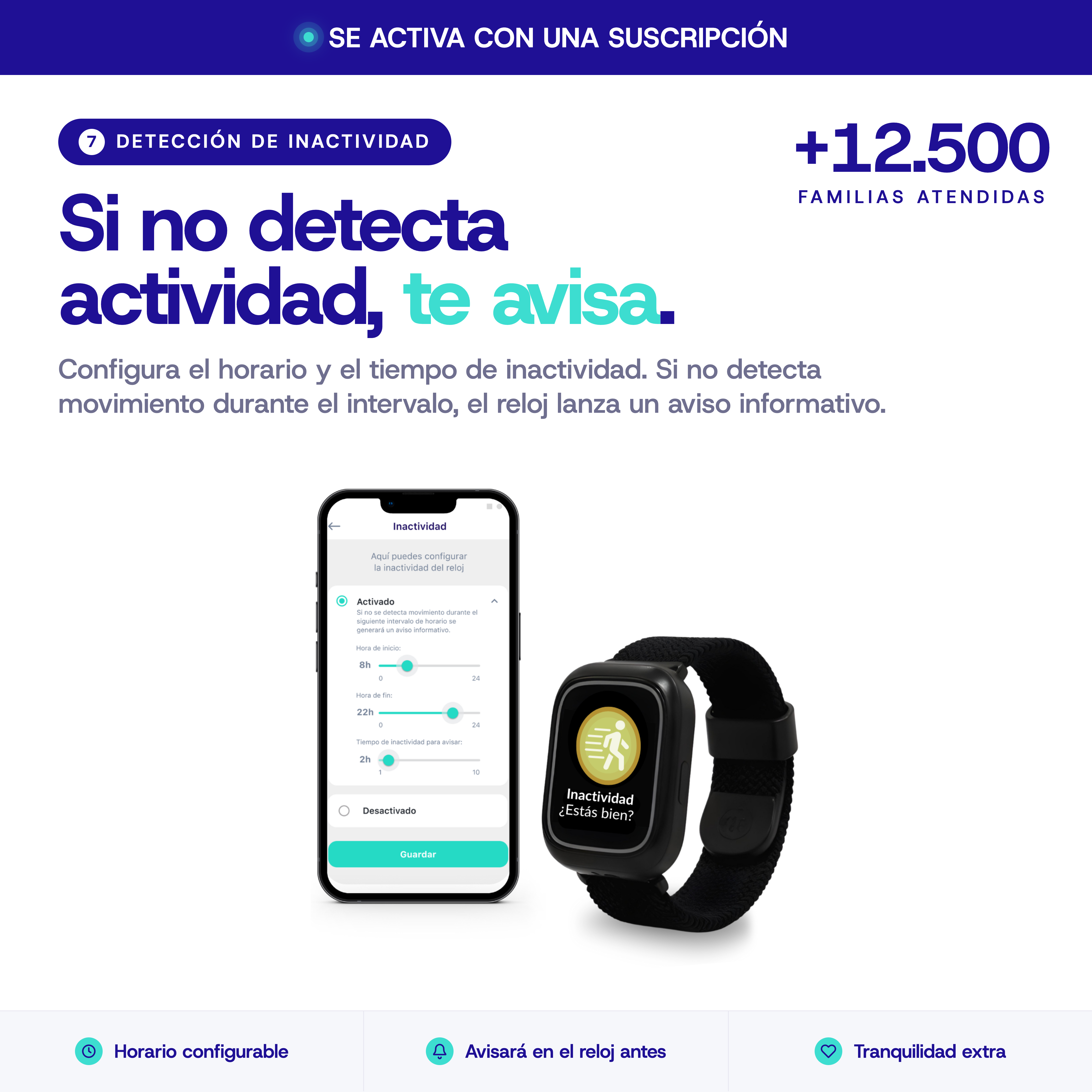 Un smartphone muestra ajustes de inactividad y un reloj inteligente un icono de actividad.