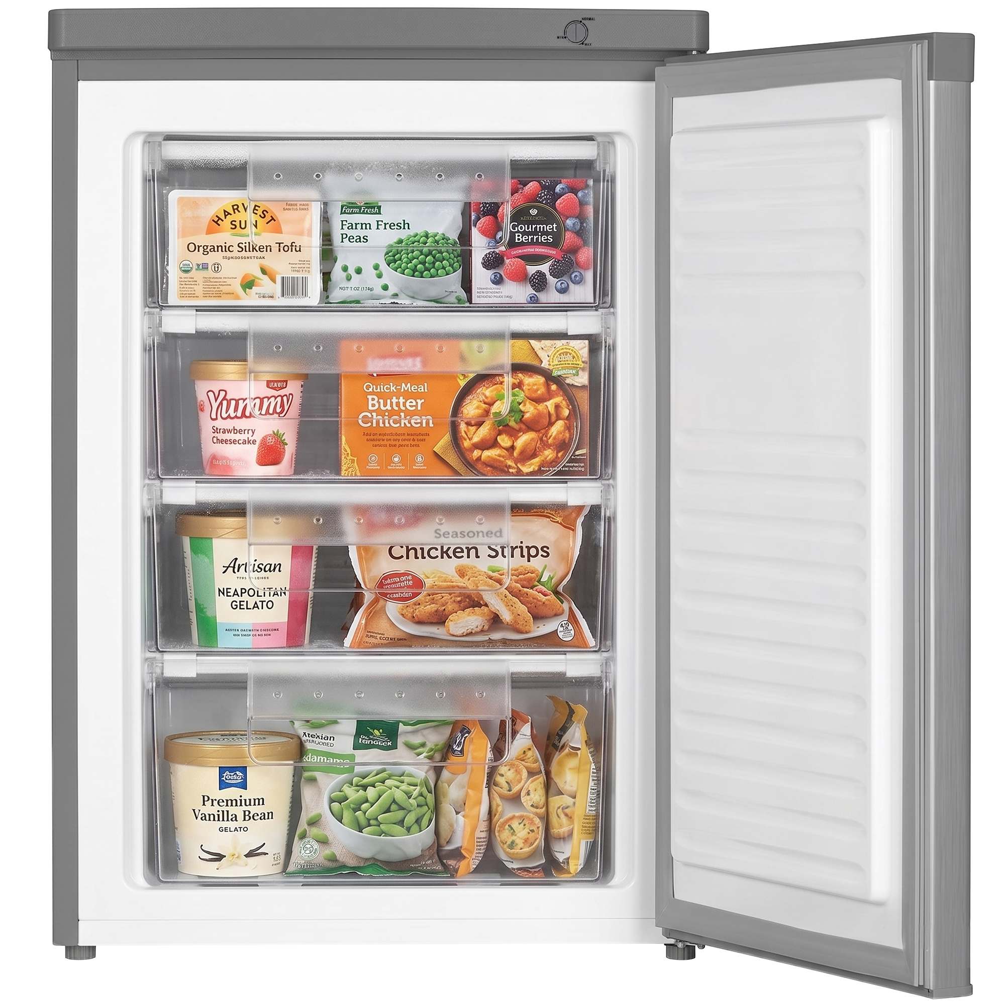 Gefrierschrank mit geöffneter Tür, gefüllt mit gefrorenen Lebensmitteln wie Tofu, Erbsen, Beeren und Hühnchen.
