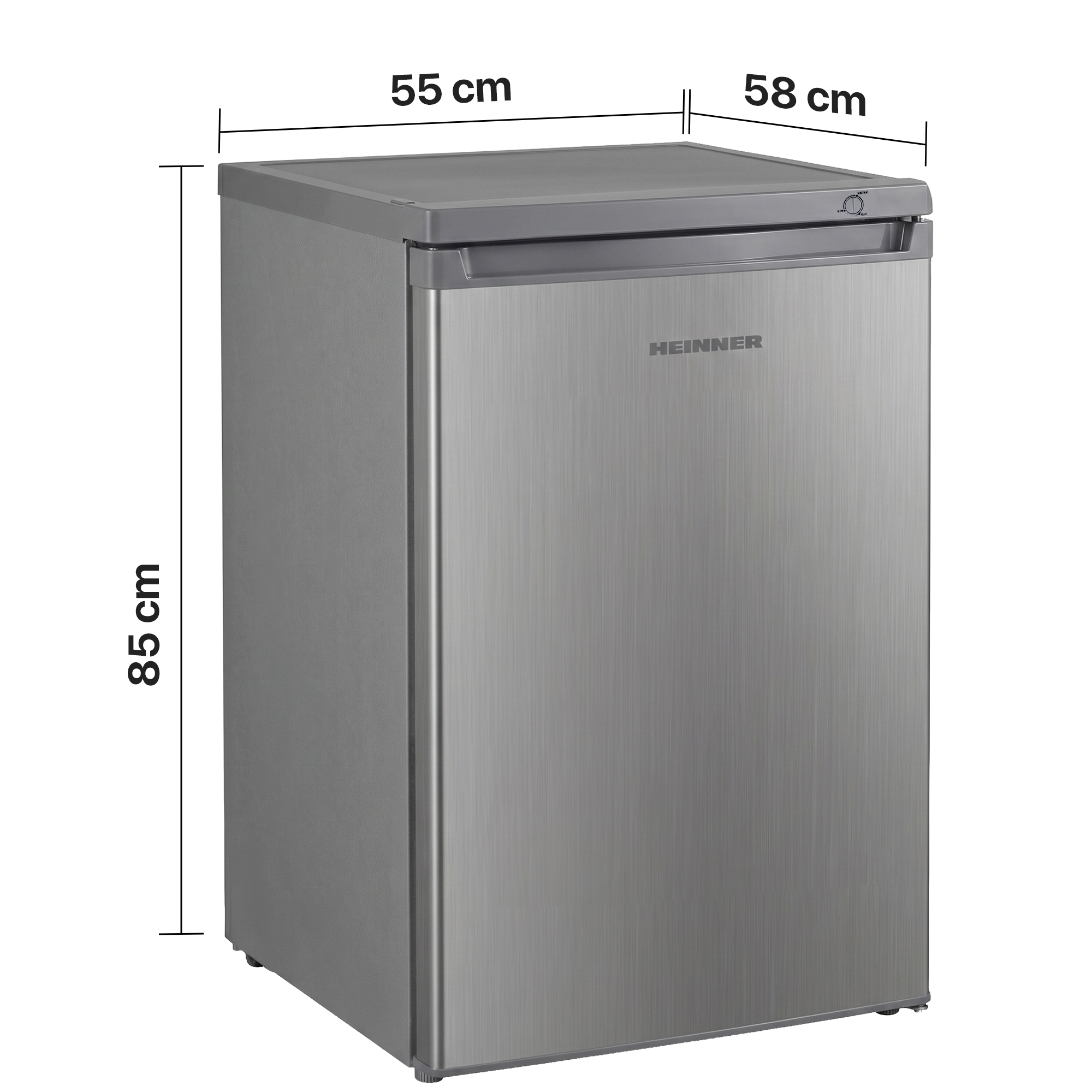 Ein kleiner silberner Kühlschrank mit Maßen 55x58x85 cm.