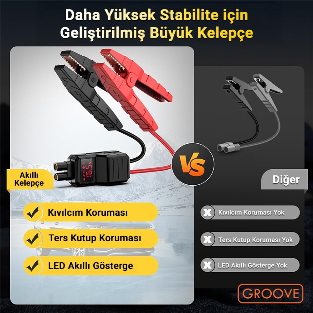 Kırmızı ve siyah maşalı akıllı akü takviye kelepçesi, karşılaştırmalı olarak gösteriliyor.