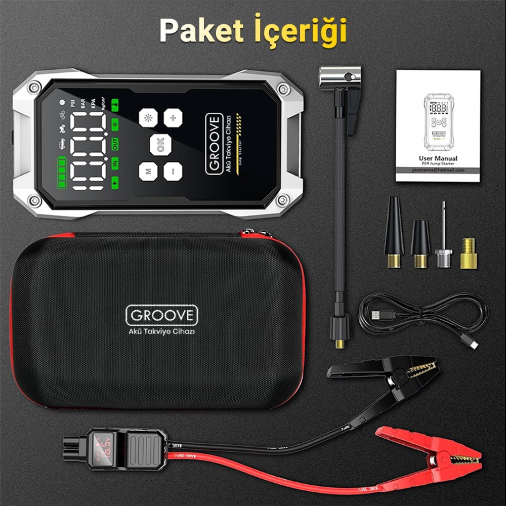 Dijital ekranlı, kablolu, nozullu ve çantalı gümüş ve siyah araç akü takviye cihazı seti.