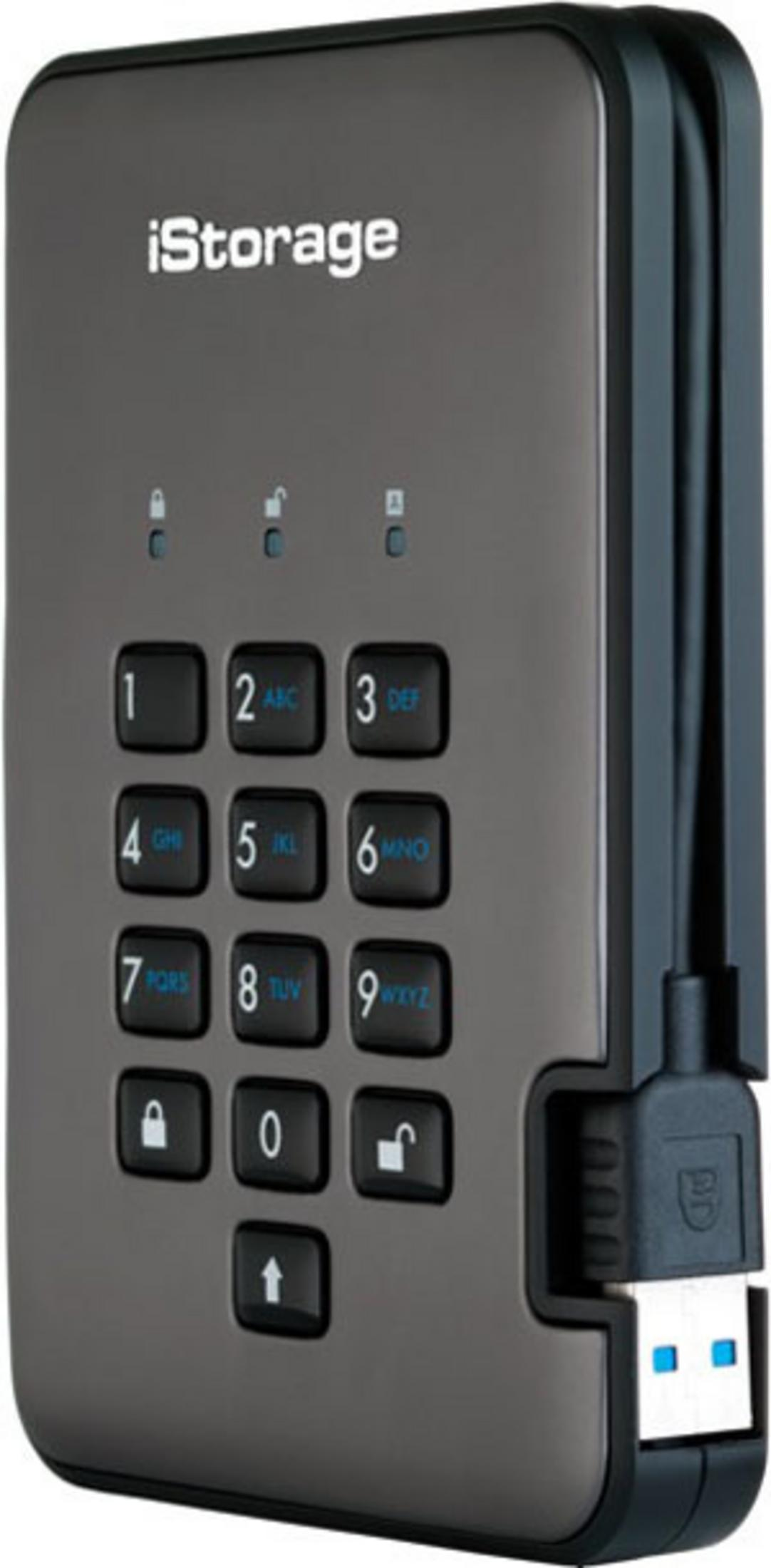 Szare urządzenie iStorage z klawiaturą numeryczną i złączem USB.