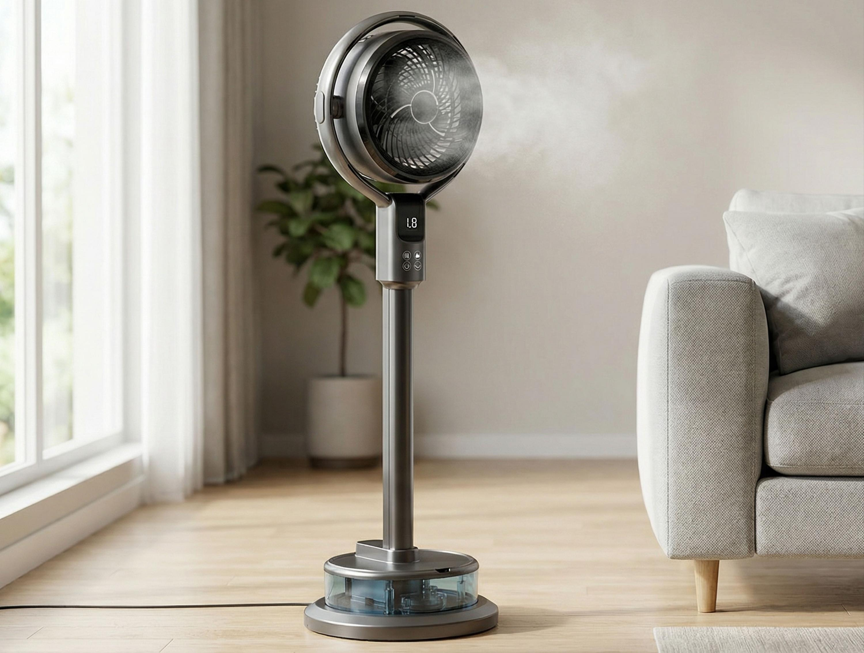 Un ventilador de pie moderno y oscuro con función de niebla está en un suelo de madera junto a un sofá.