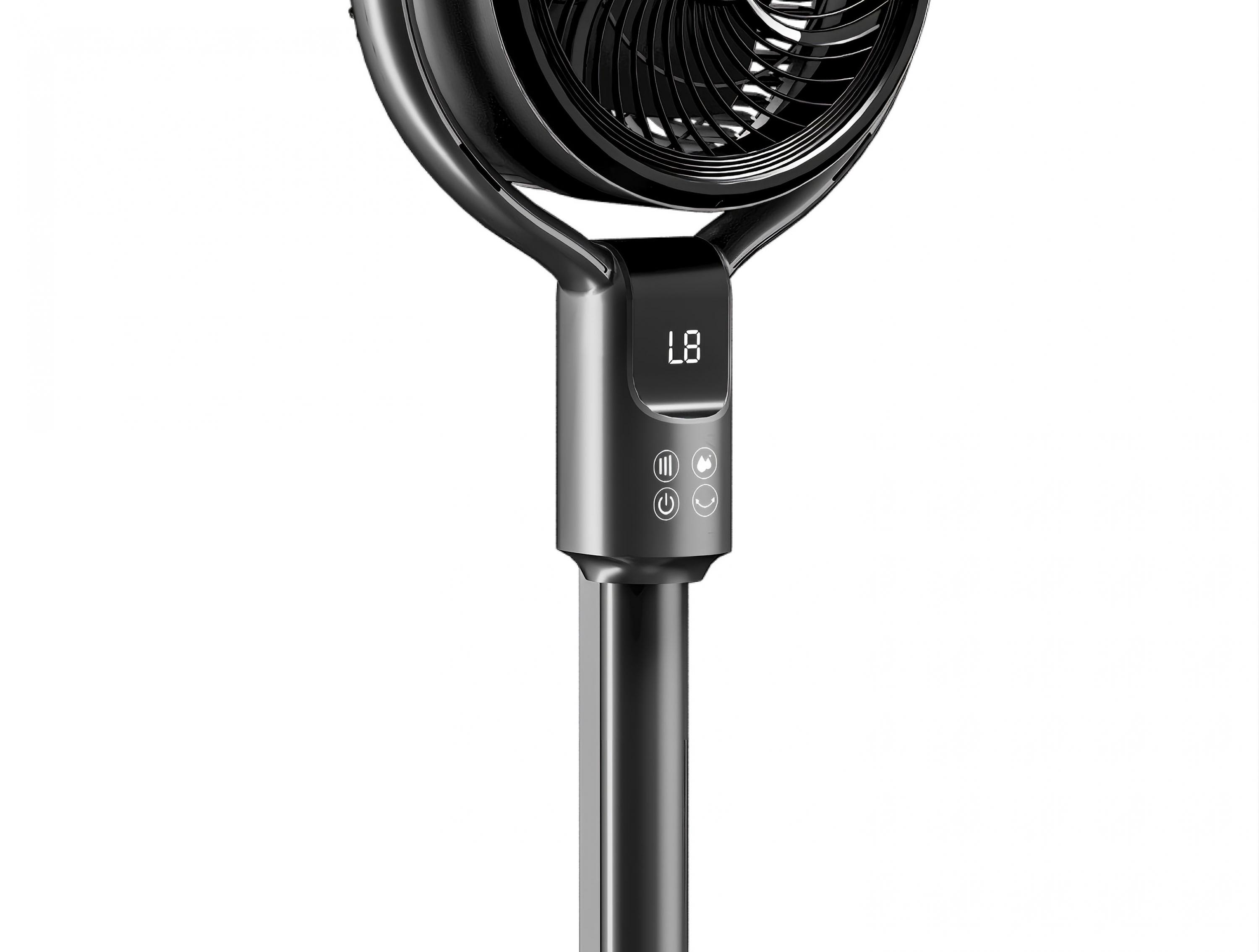 Ventilador negro con pantalla digital L8 y botones de control.