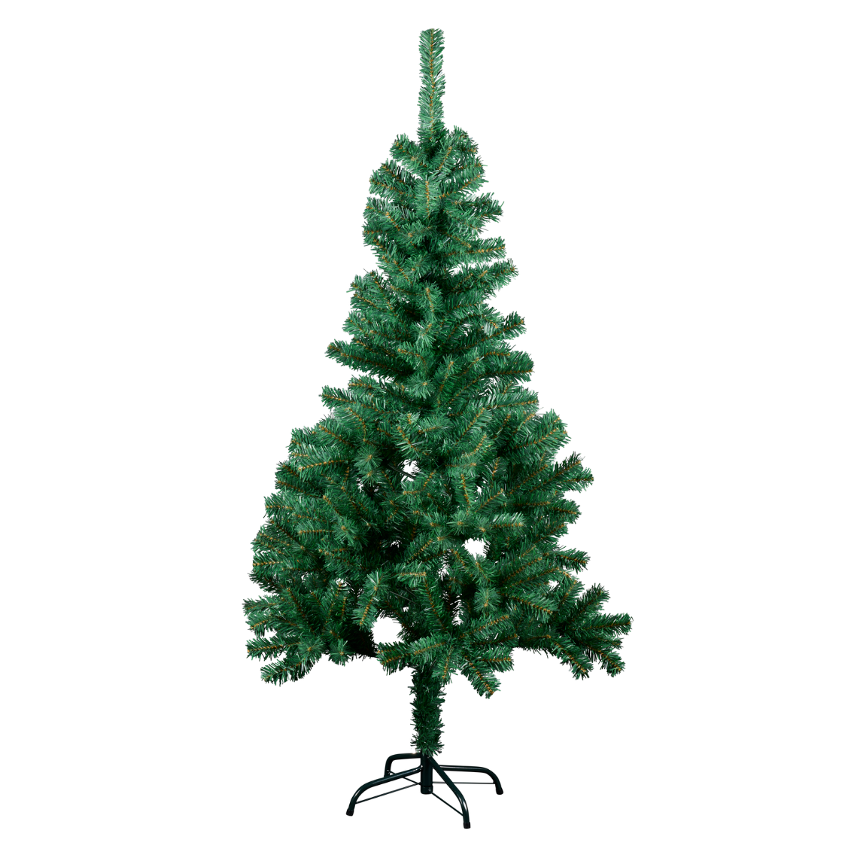 Un sapin de Noël artificiel vert avec un support noir sur fond blanc.