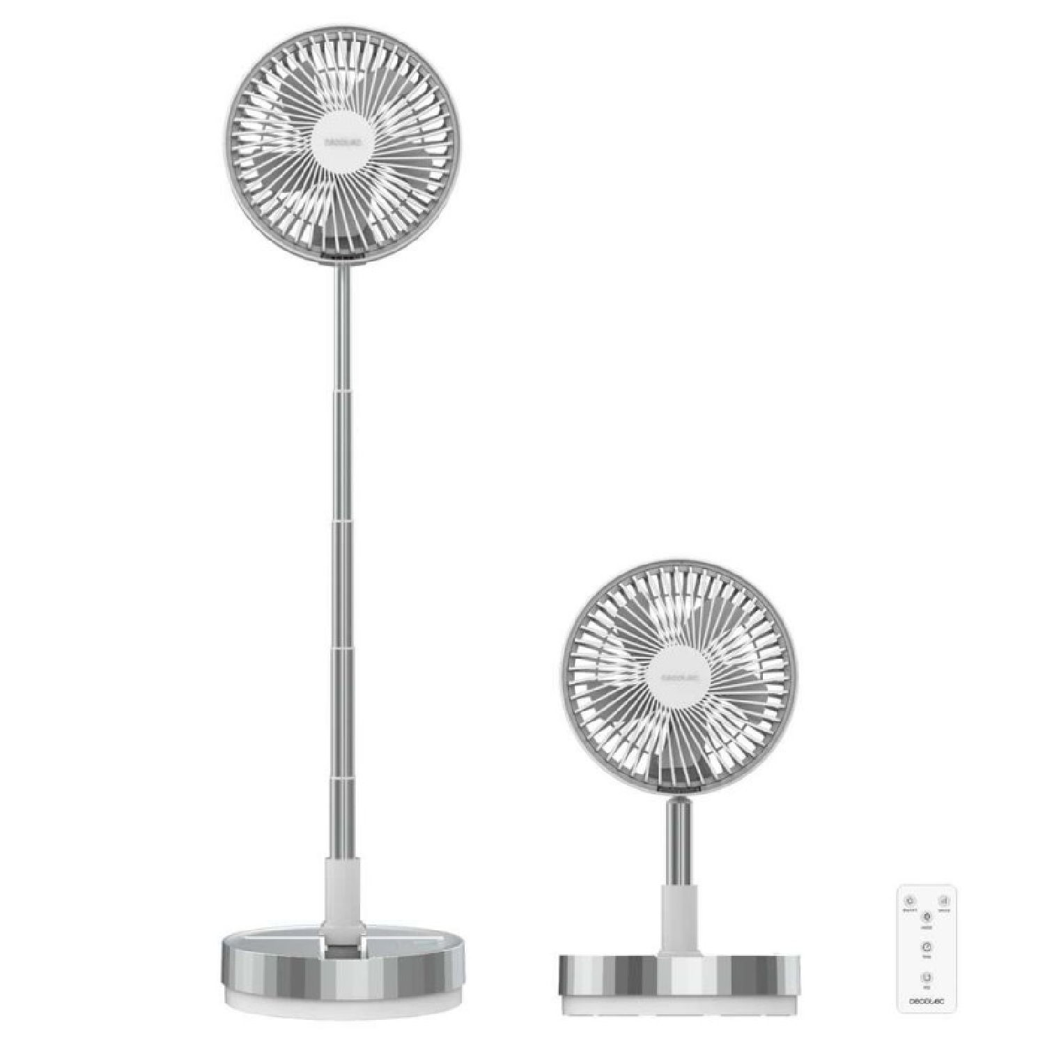 Un ventilador alto y uno bajo con mando a distancia sobre fondo blanco.