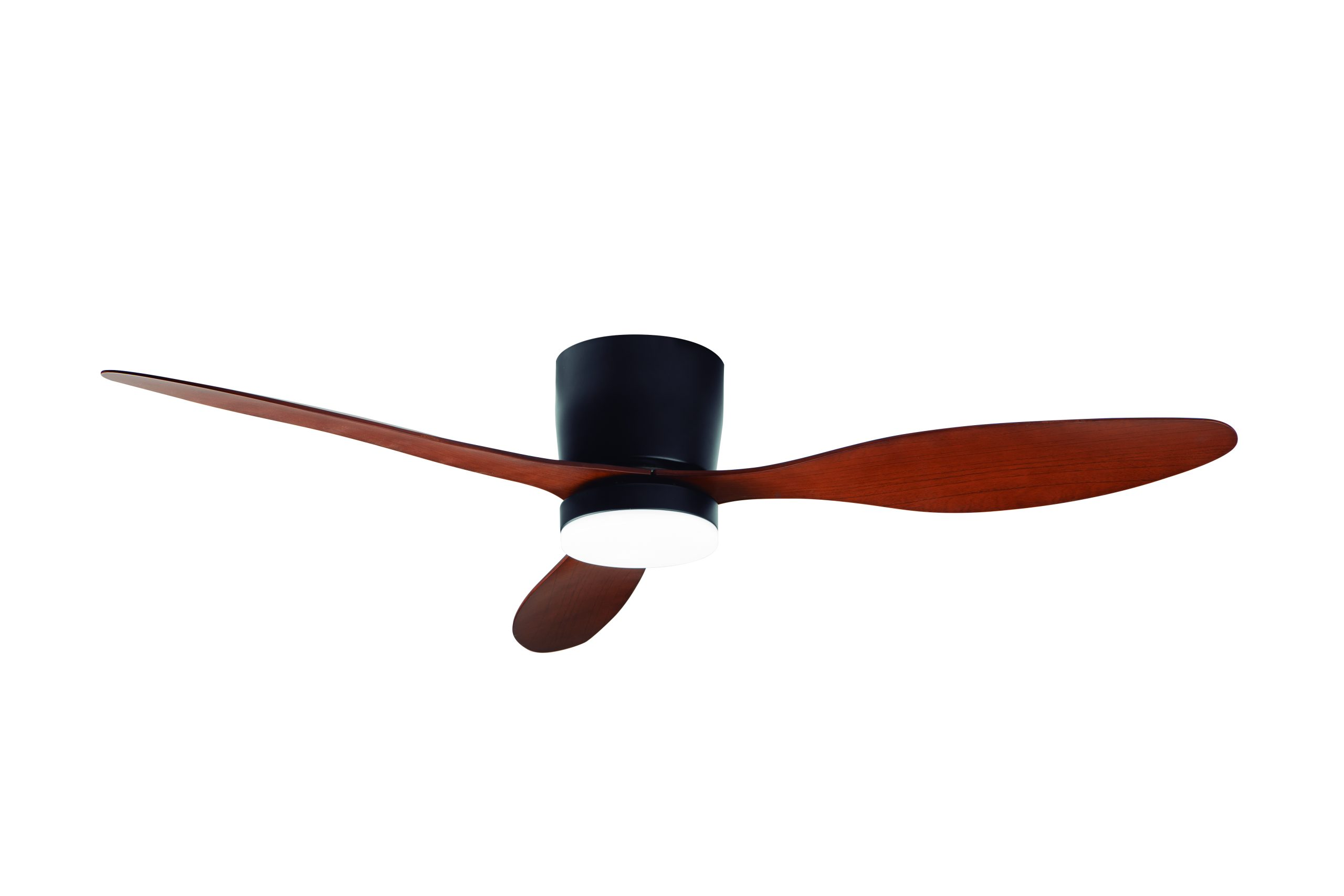 Ventilador de techo negro con aspas de madera y luz LED integrada.