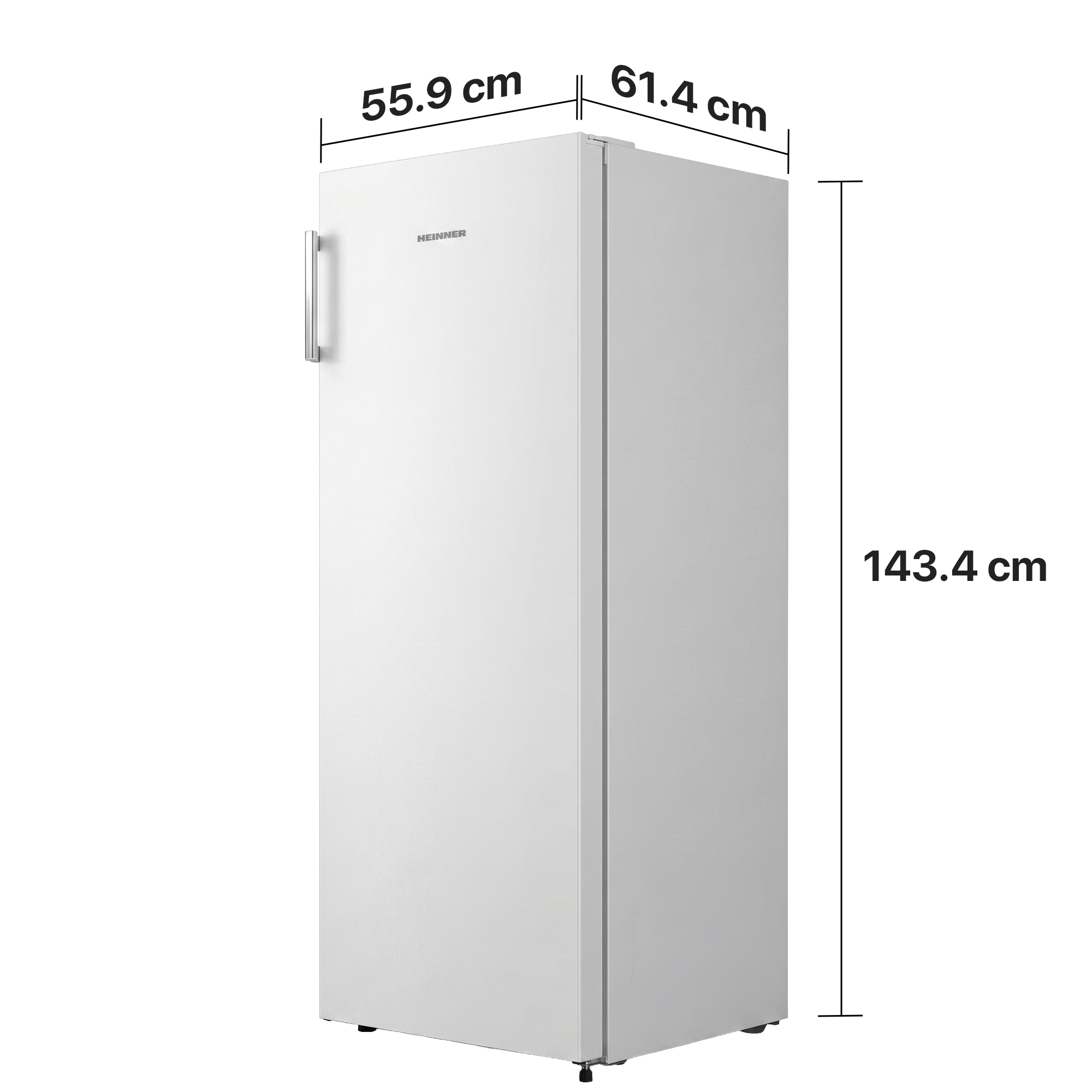 White refrigerator with a silver handle. Dimensions: 143.4x55.9x61.4 cm.