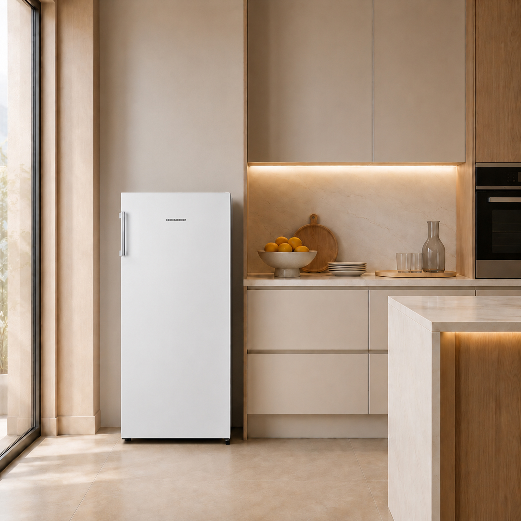 Modern kitchen with white fridge, island, bowl of oranges, and sleek cabinets.