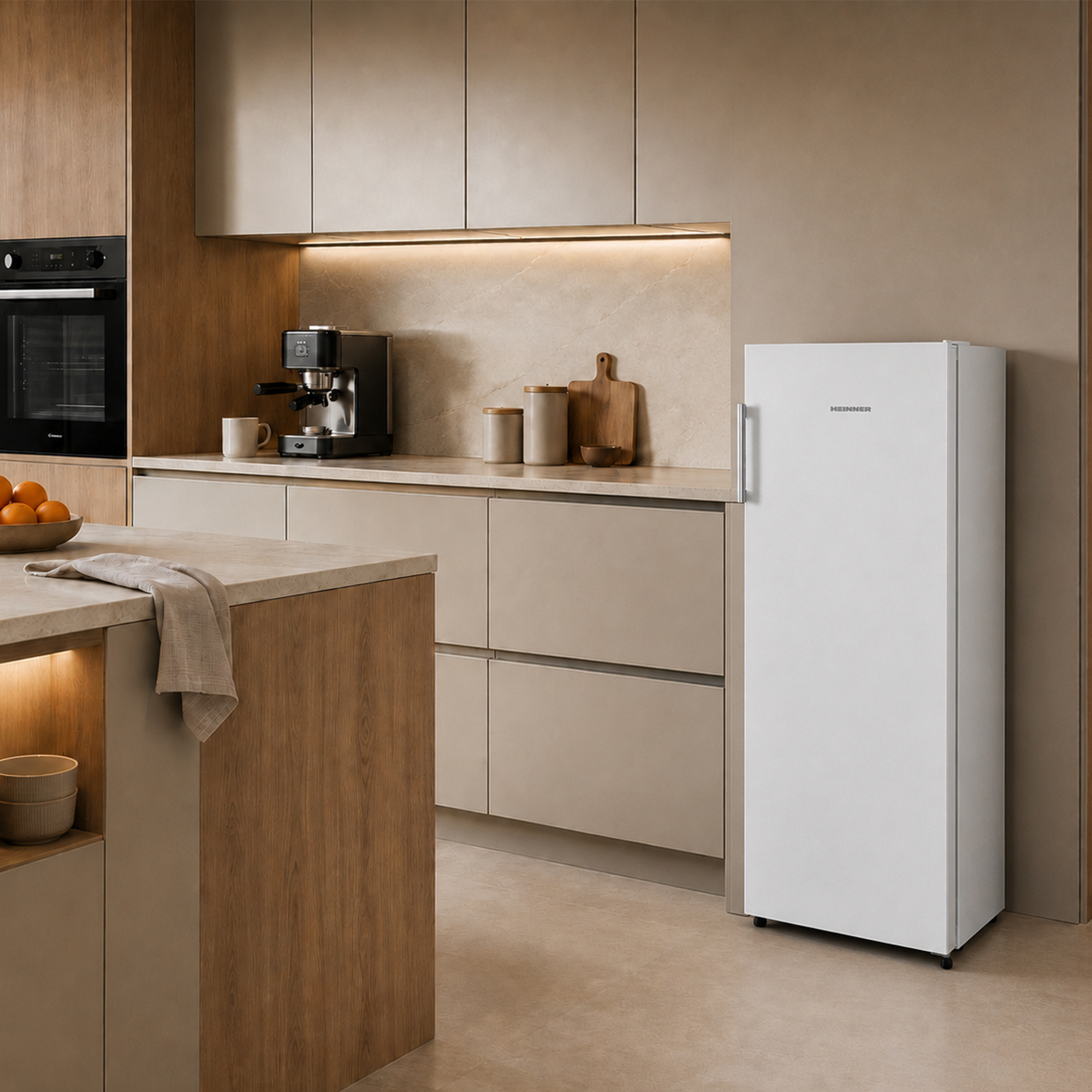 Modern kitchen with white fridge, wood elements, and coffee machine.