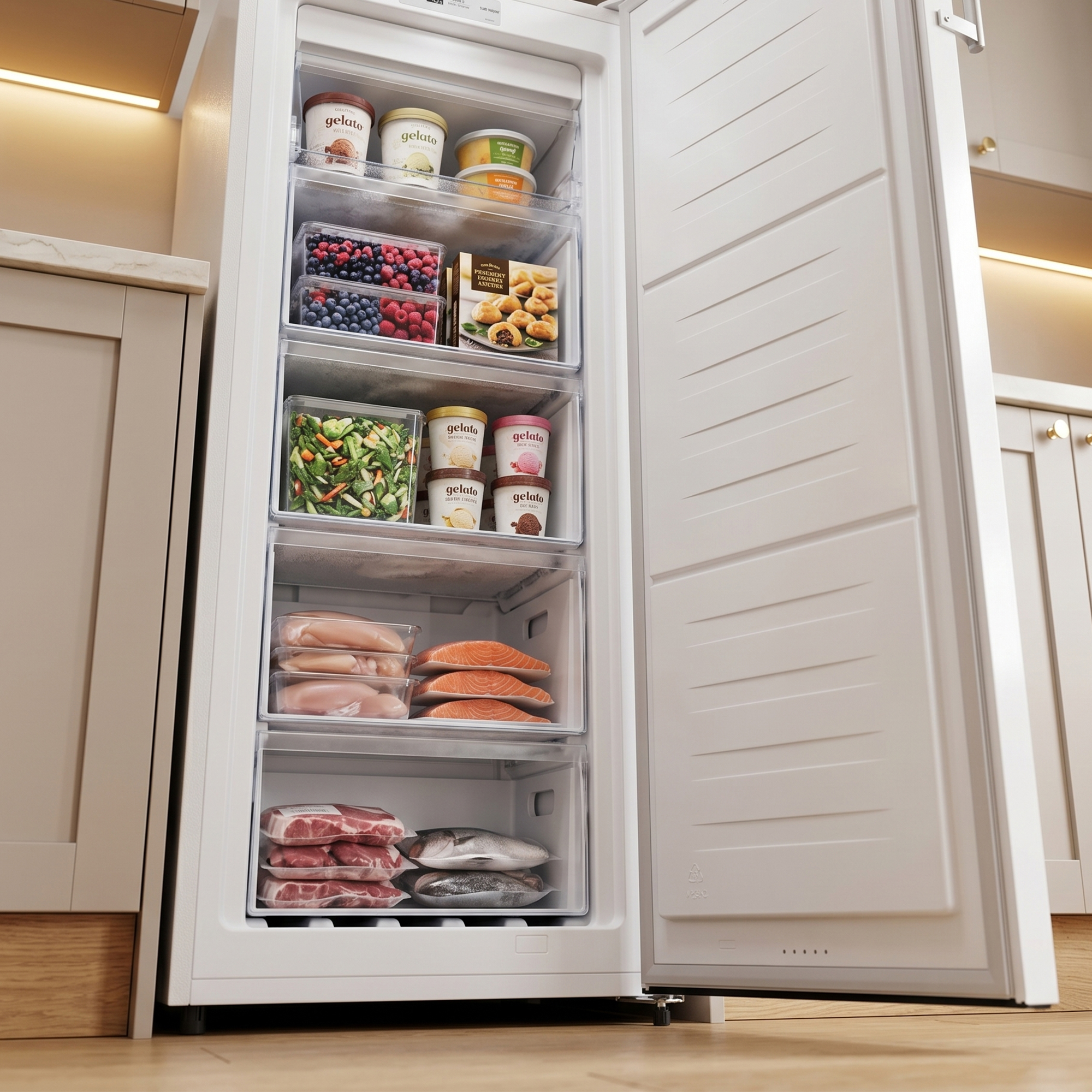 An open freezer filled with ice cream, berries, vegetables, chicken, salmon, and meat.