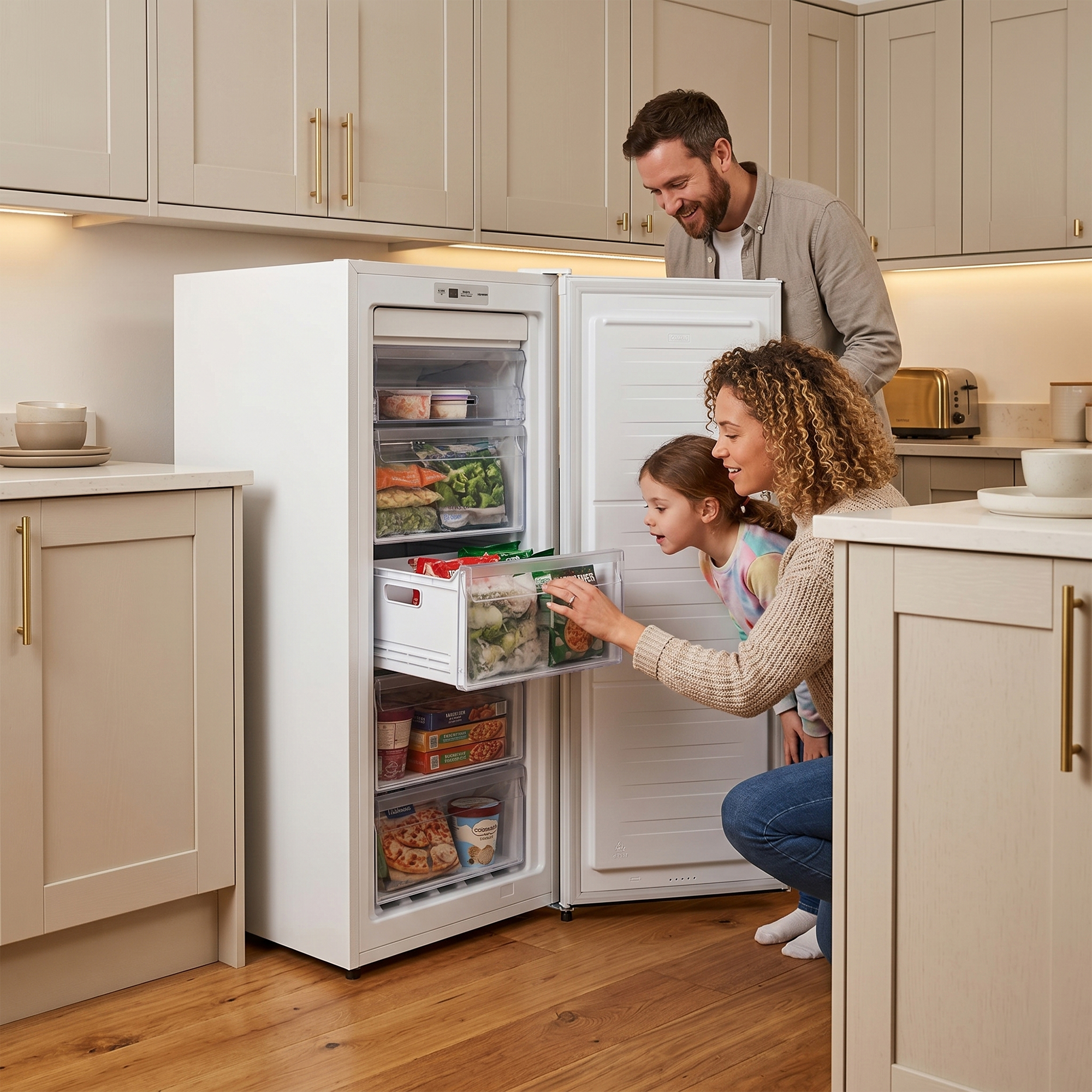A family looks into an open freezer filled with frozen food items.