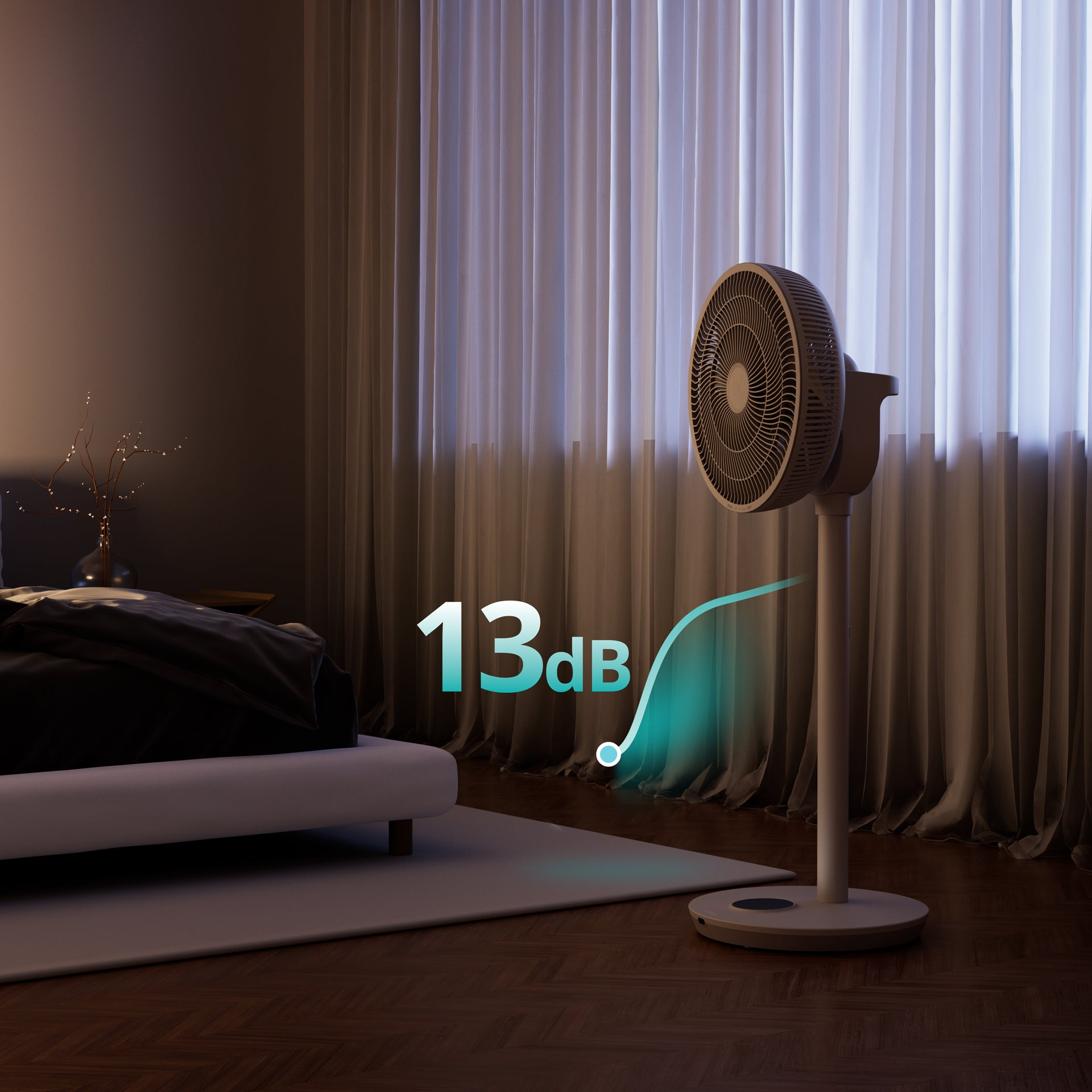 Ein Standventilator steht neben einem Bett vor einem Fenster mit Vorhängen. Text: 13dB.