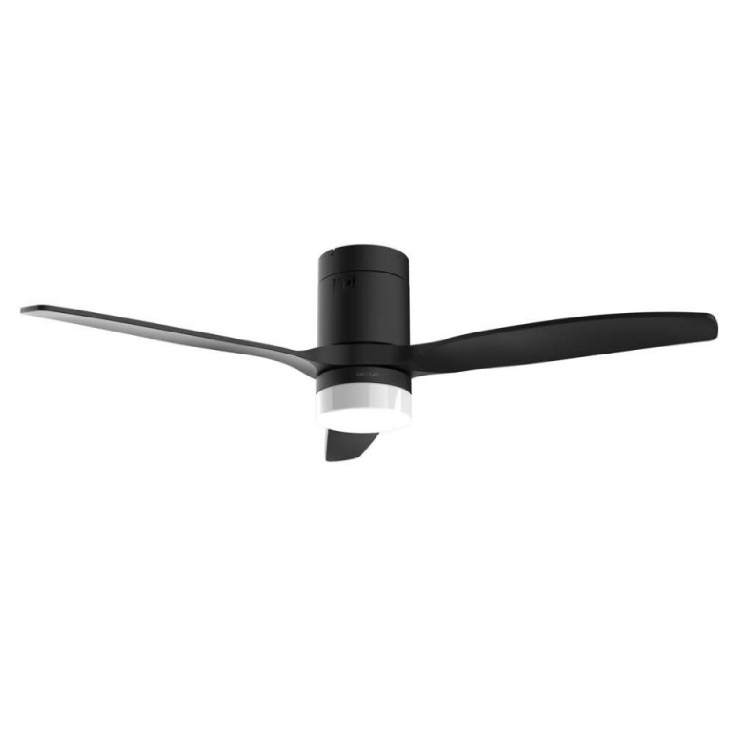 Ventilatore da soffitto nero con tre pale e luce integrata.