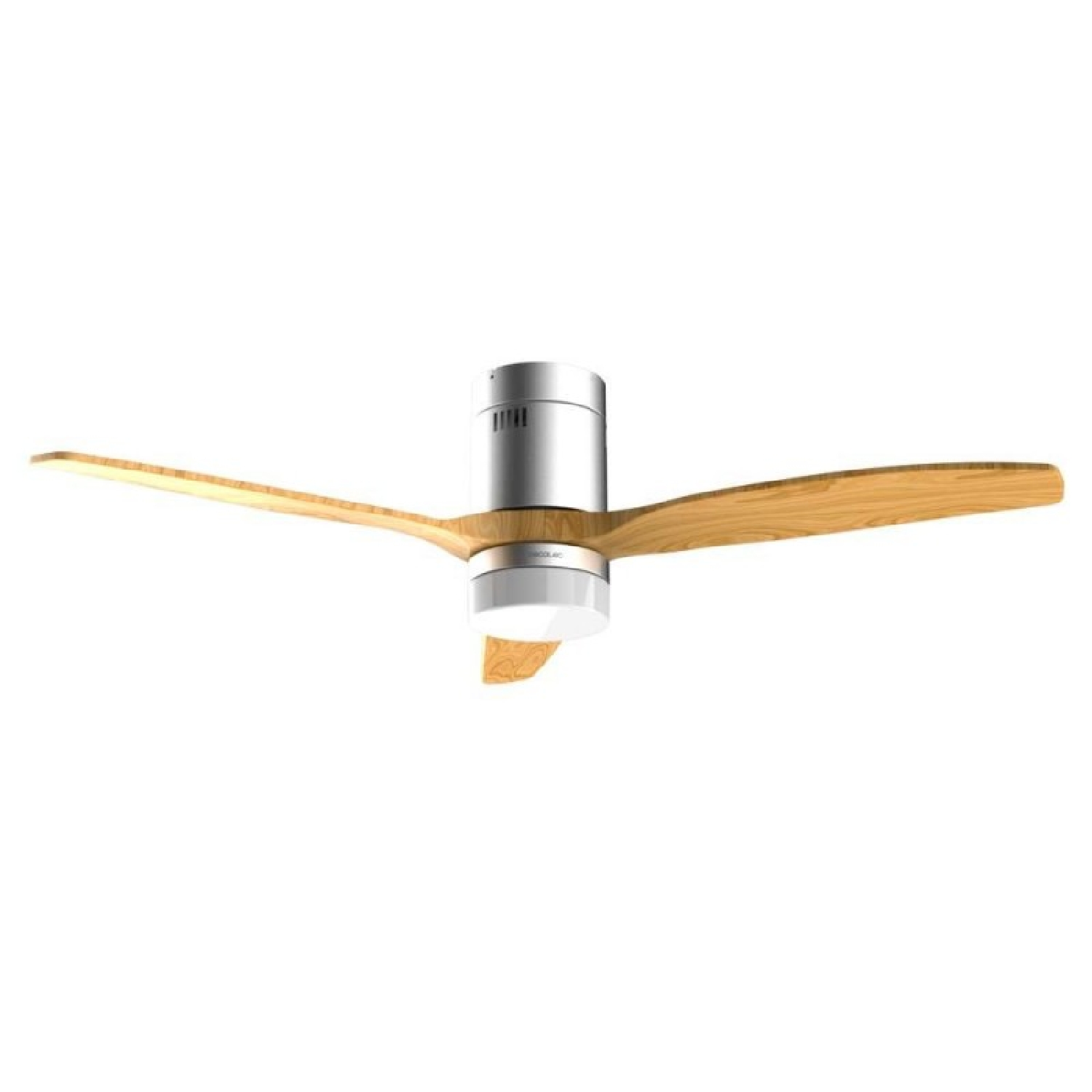 Ventilatore da soffitto moderno con pale in legno e luce LED integrata.