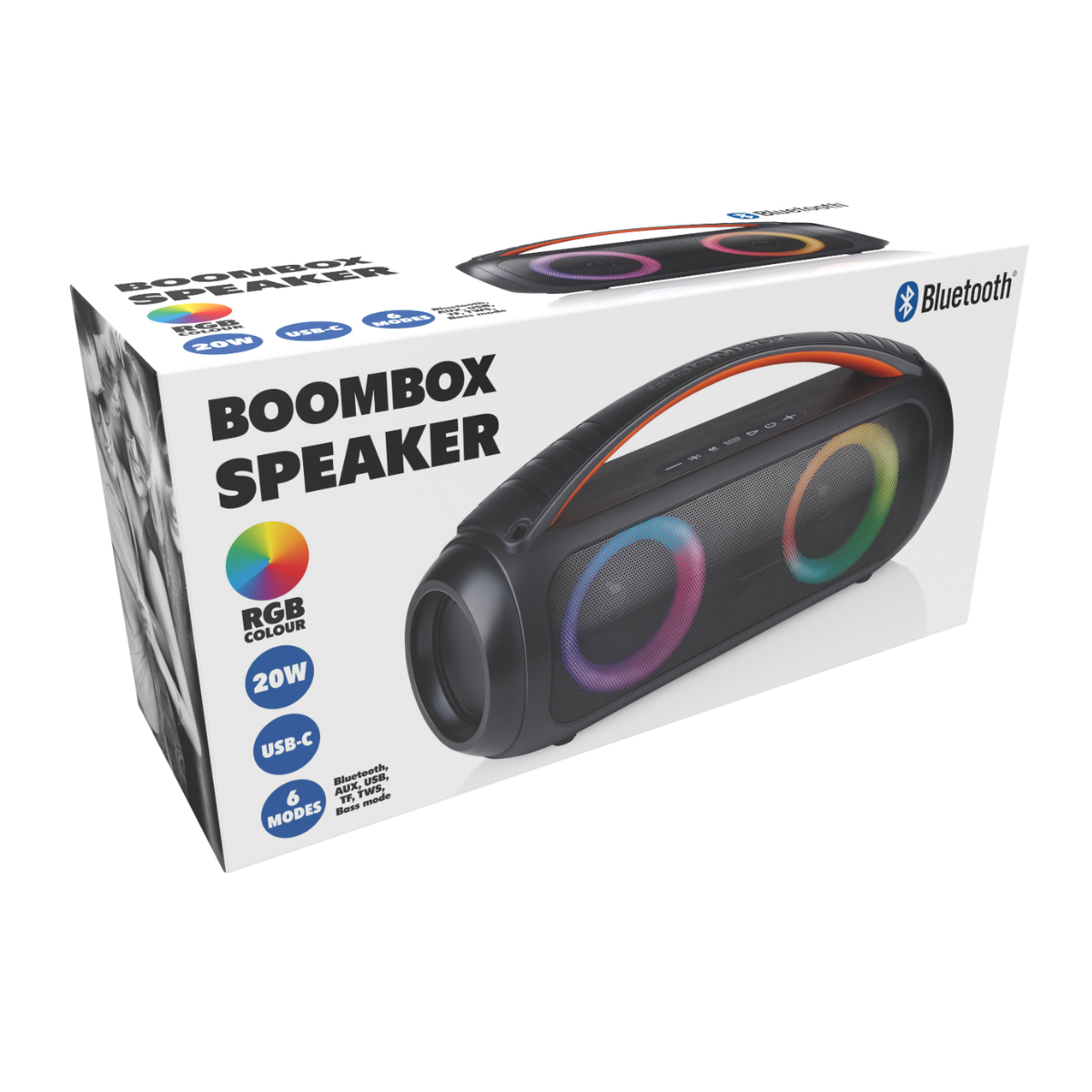 Zwarte boombox speaker met RGB-verlichting, oranje handvat en Bluetooth-logo op doos.