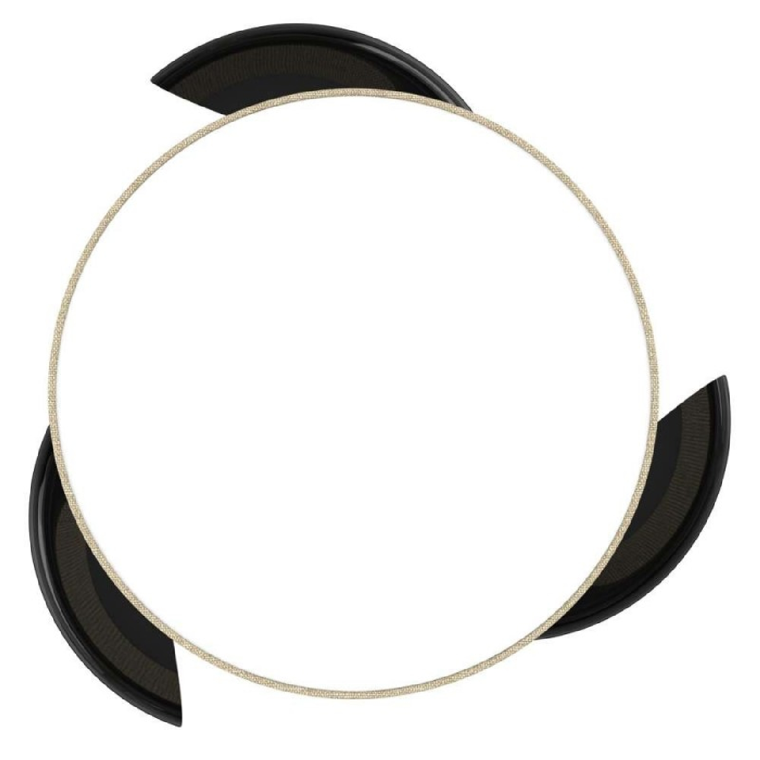 Una cornice circolare dorata con tre forme nere curve attorno.