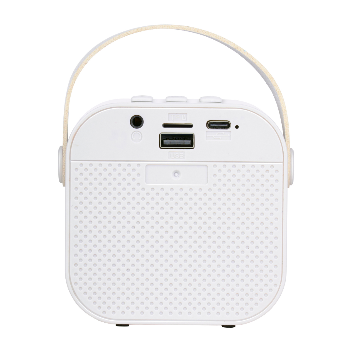 Witte draagbare luidspreker met handvat en poorten zoals USB, TF.