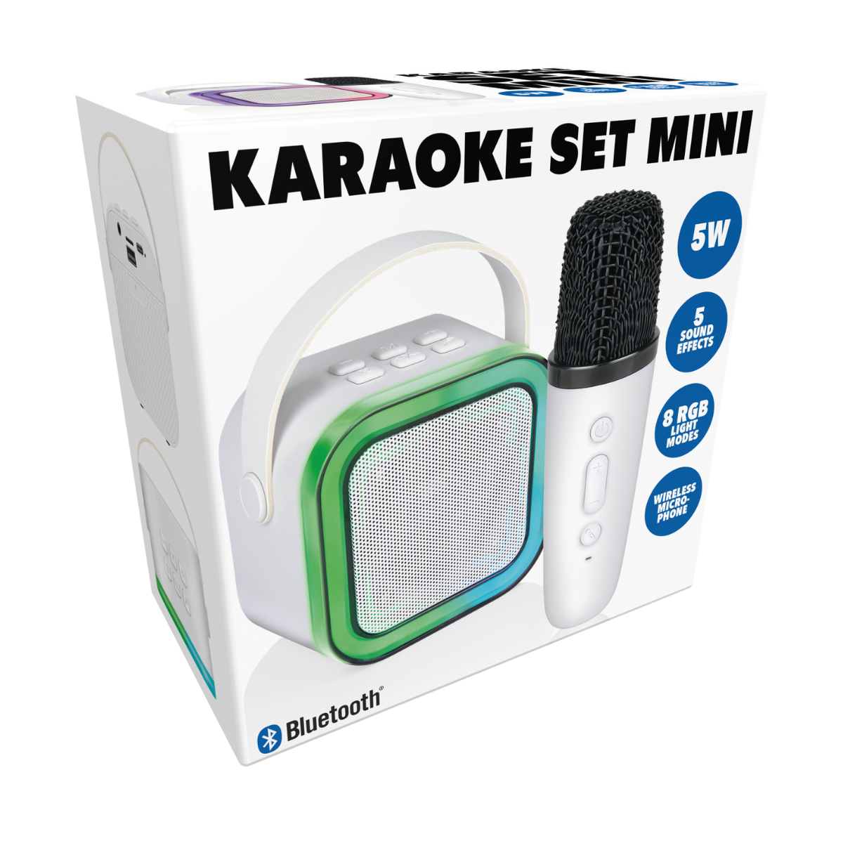 Karaoke set mini doos met luidspreker, microfoon, 5W, 5 geluidseffecten, 8 RGB lichtmodi.
