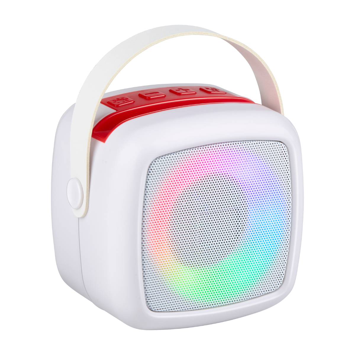 Een witte Bluetooth-luidspreker met rode accenten en handvat, verlicht met regenboogkleuren.
