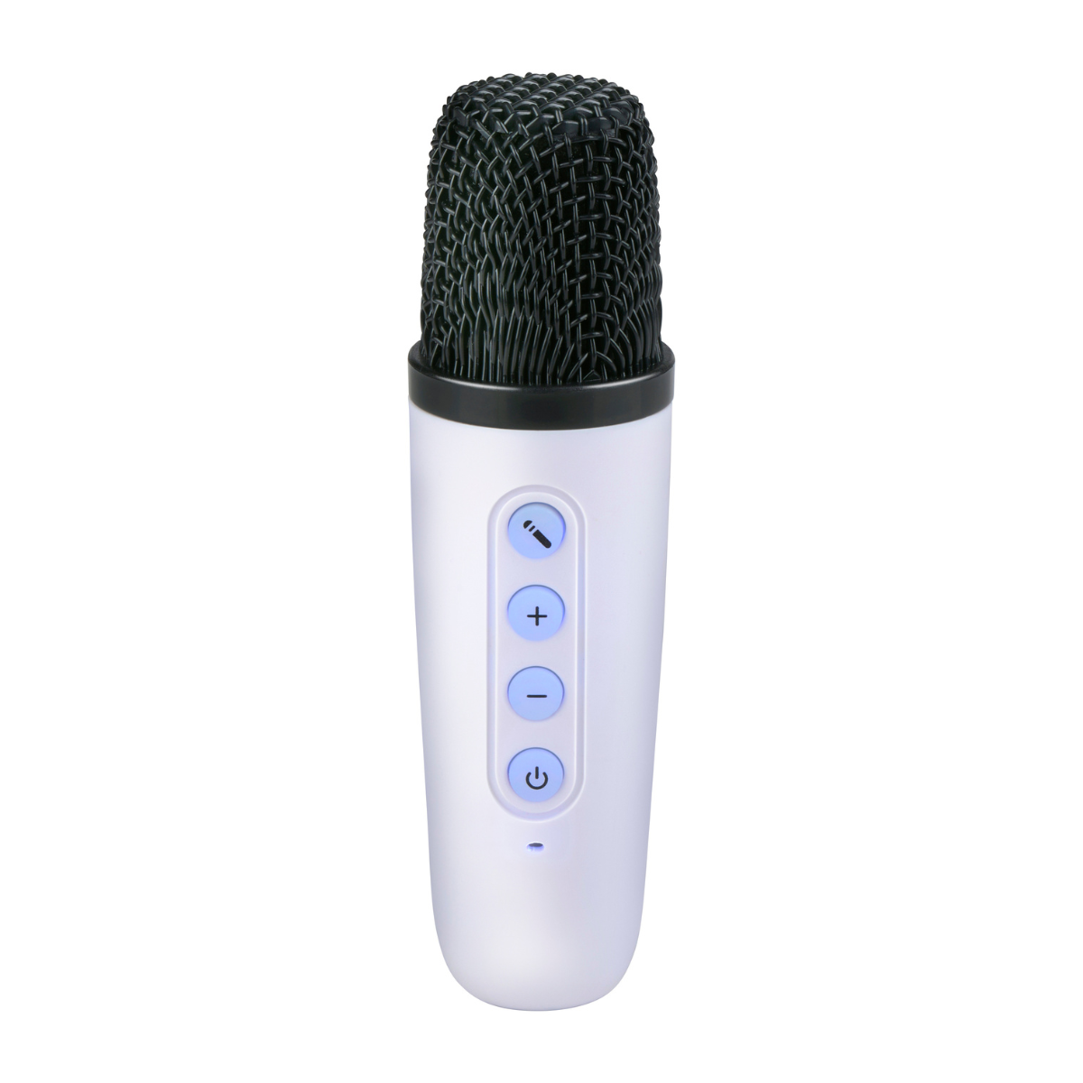 Een witte microfoon met een zwart gaas bovenaan en blauwe bedieningsknoppen.
