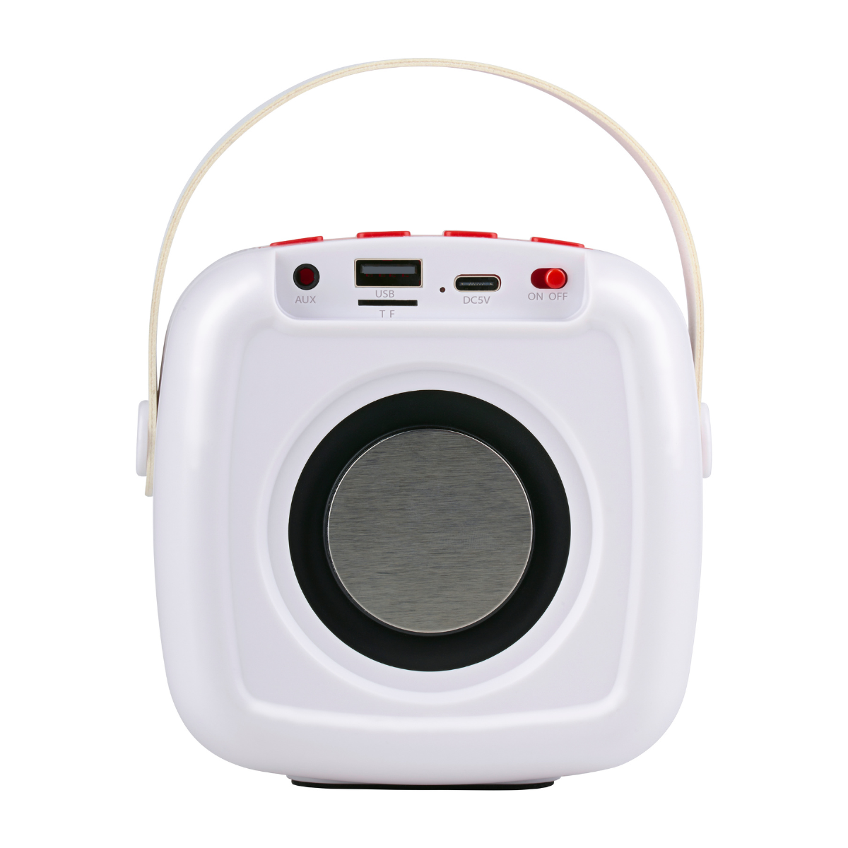 Een witte draagbare luidspreker met een zilverkleurig luidsprekerrooster, USB-poorten en rode aan/uit-knop.