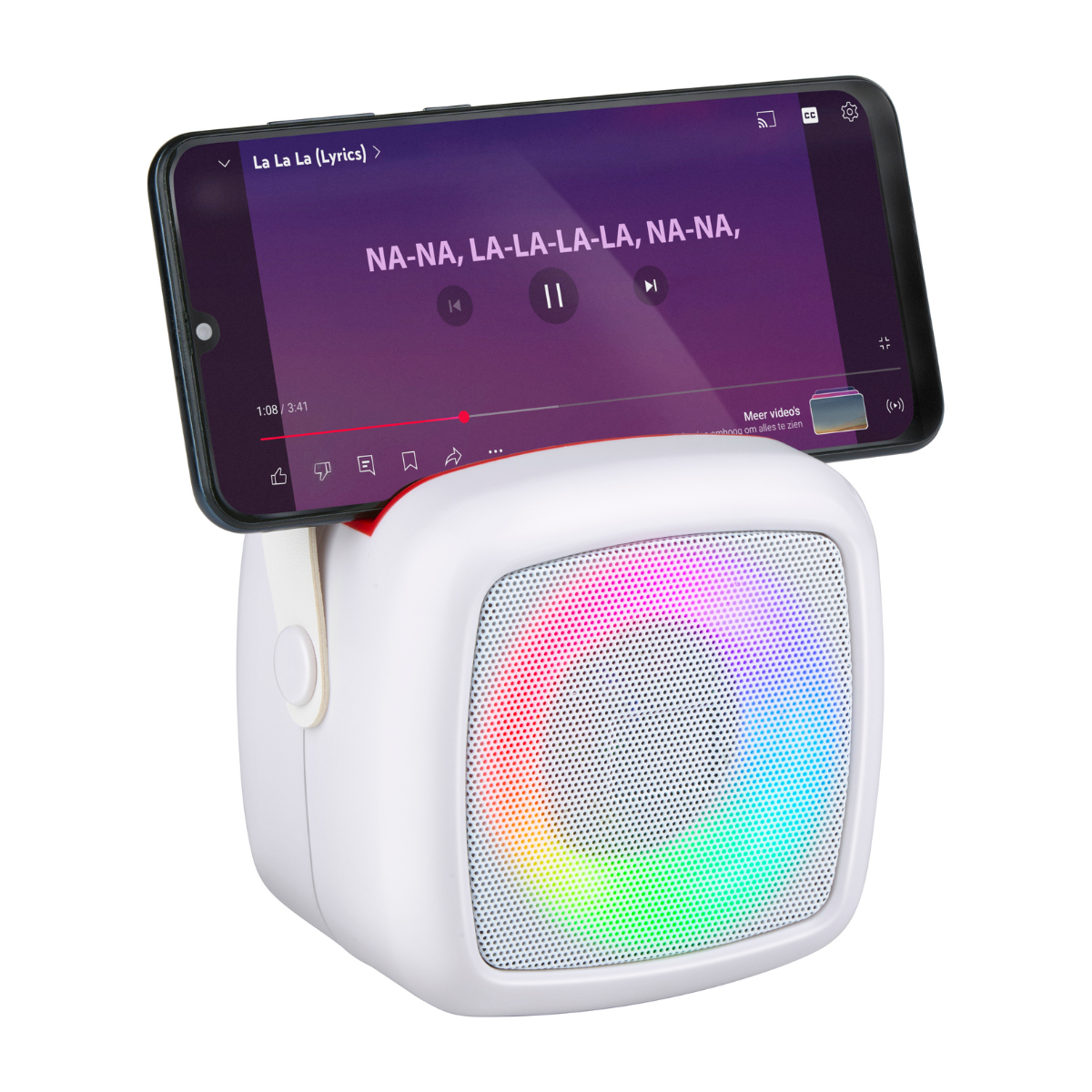 Een smartphone speelt muziek af op een witte luidspreker met gekleurde lichten.