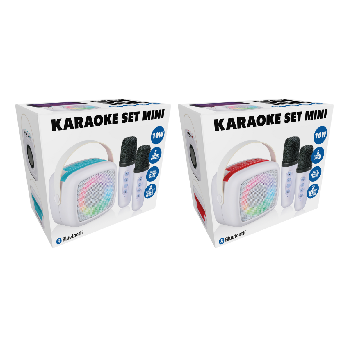 Twee karaoke sets met speaker en microfoons, één blauw, één rood.
