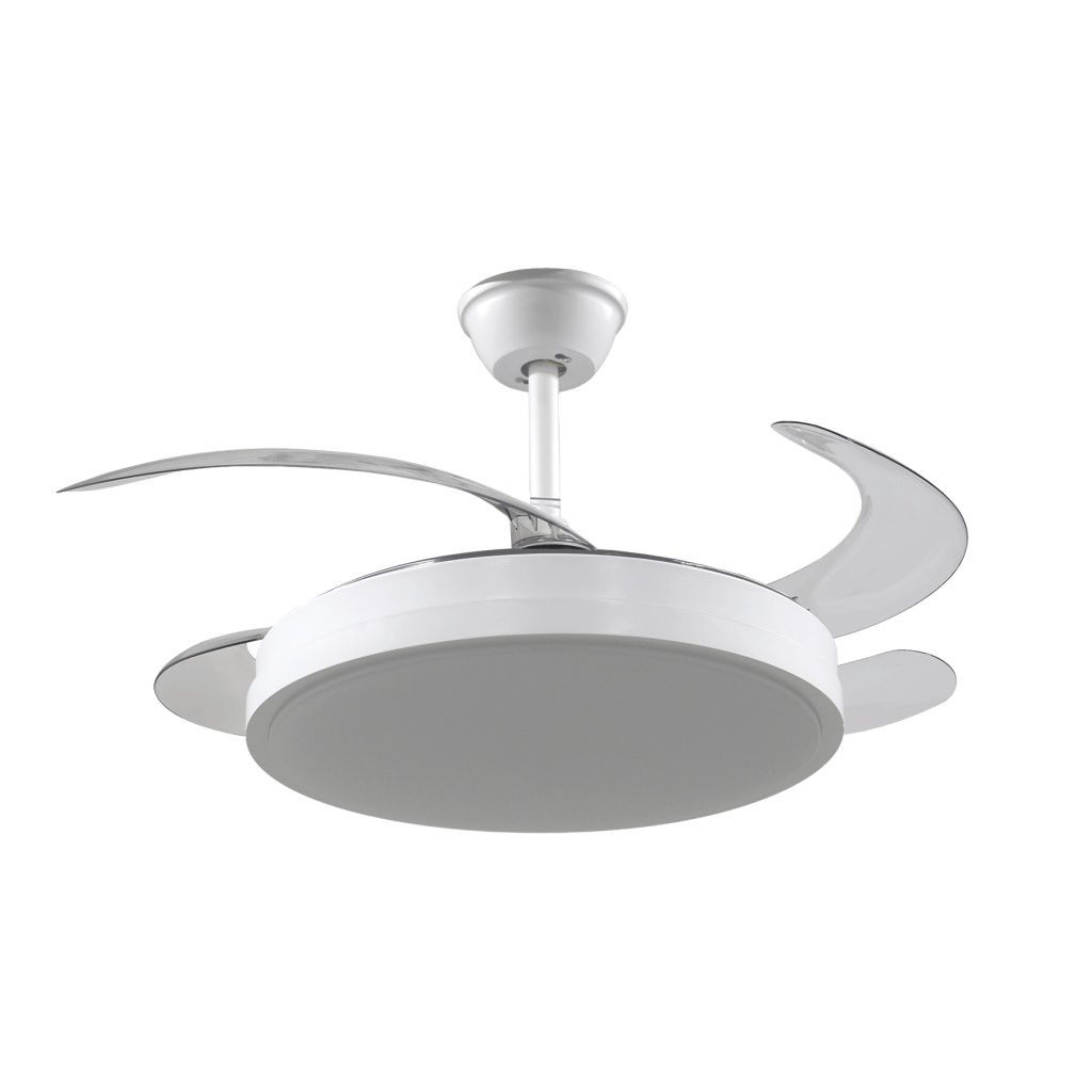 Un moderno ventilatore da soffitto bianco con pale trasparenti retrattili e lampada rotonda.