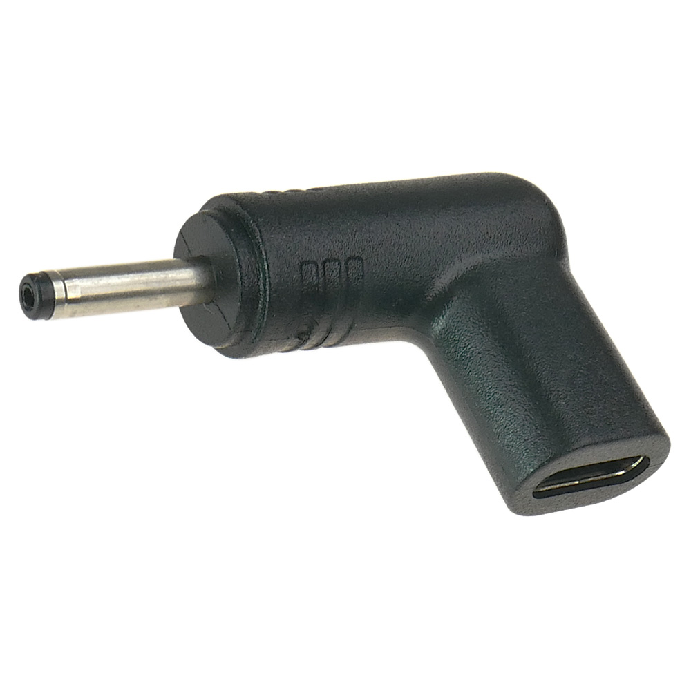 Czarny adapter z portem USB-C i okrągłą wtyczką.