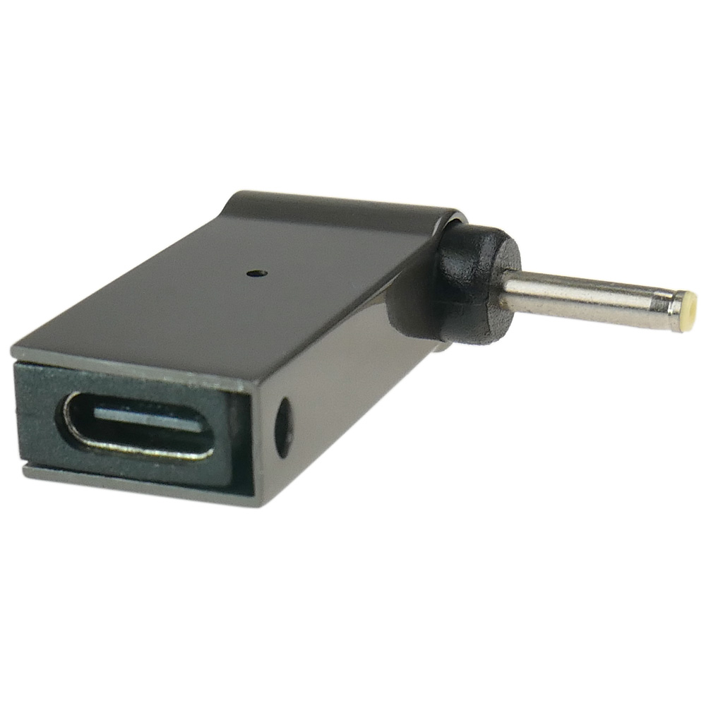 Czarny adapter USB-C na DC z wtyczką.