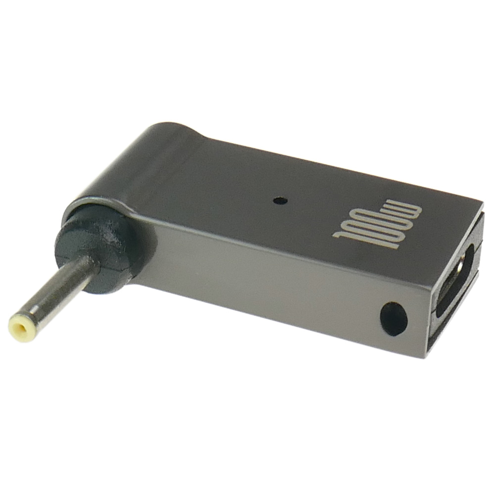 Szary adapter z logo 100w, wejściem DC i portem wyjściowym USB-C.
