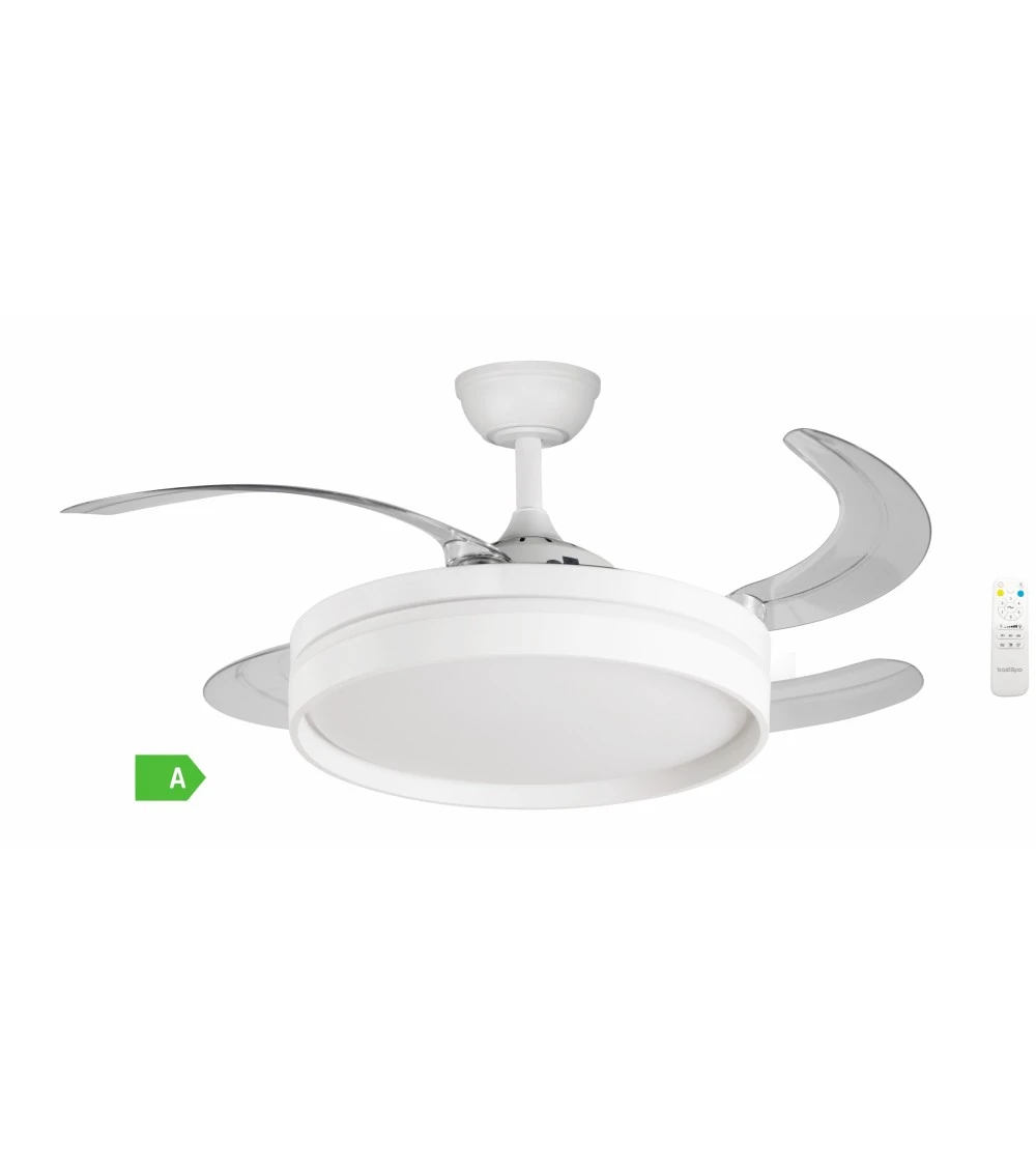 Un ventilador de techo blanco moderno con iluminación LED integrada y mando a distancia.